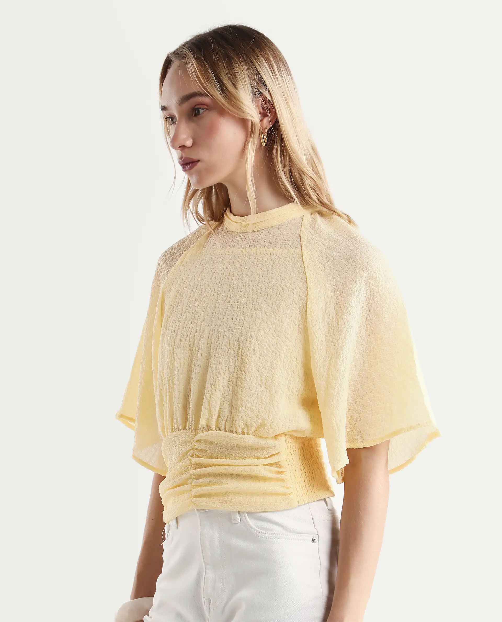 Rareism Women's Chalsey Yellow Polyester Crew Neck Plain Raglan Sleeve Crop Regular Fit Top - Image 6