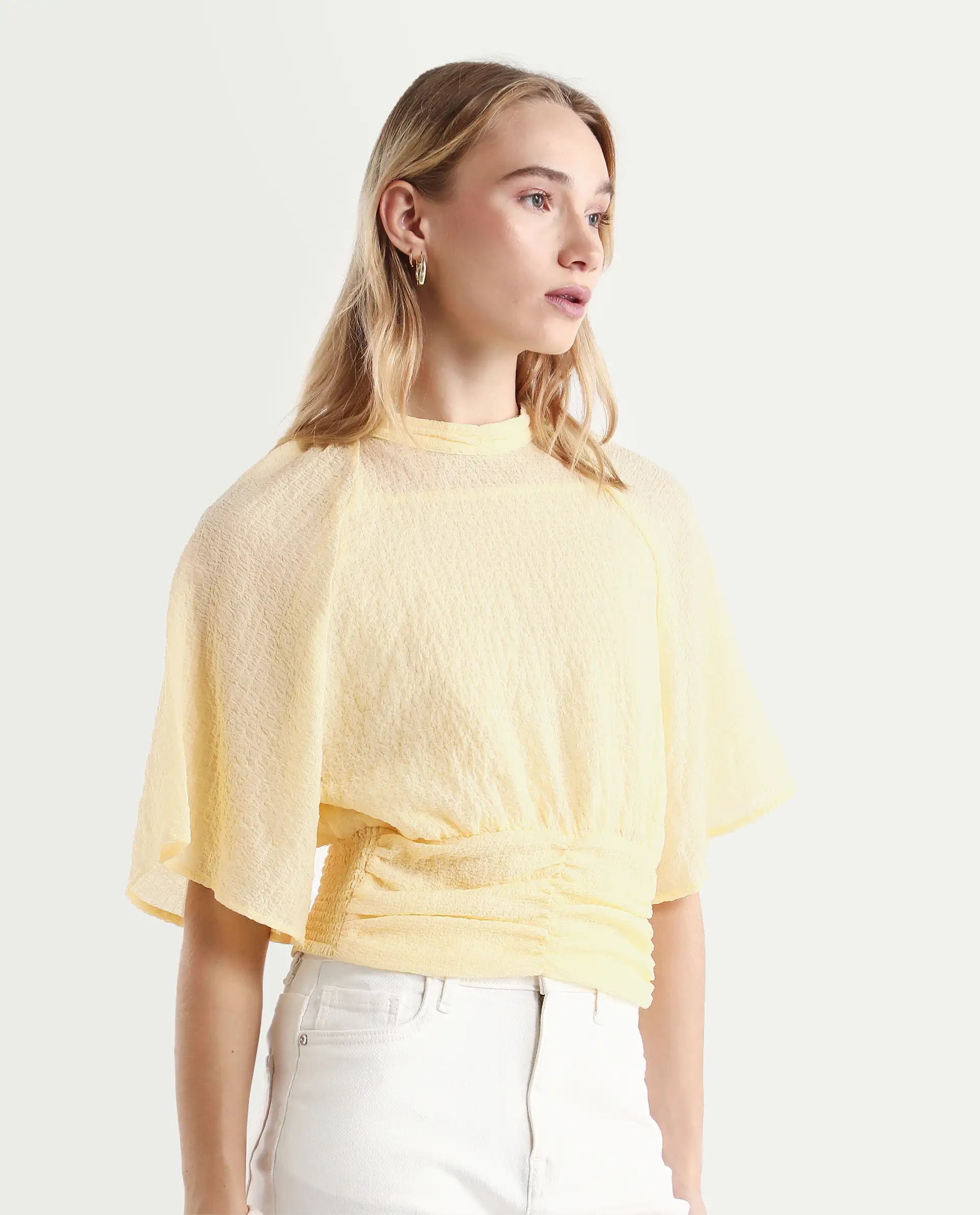 Rareism Women's Chalsey Yellow Polyester Crew Neck Plain Raglan Sleeve Crop Regular Fit Top - Image 7