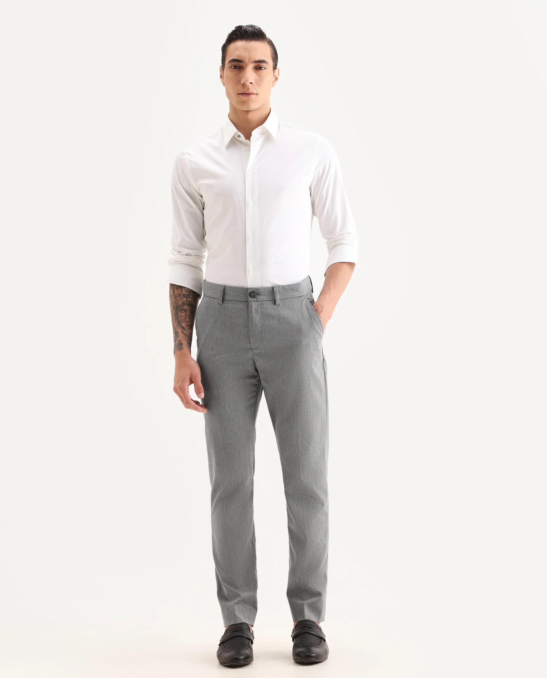 Rare Rabbit Men's Chamer Grey Polyester Plain Regular Fit Trouser - Image 4