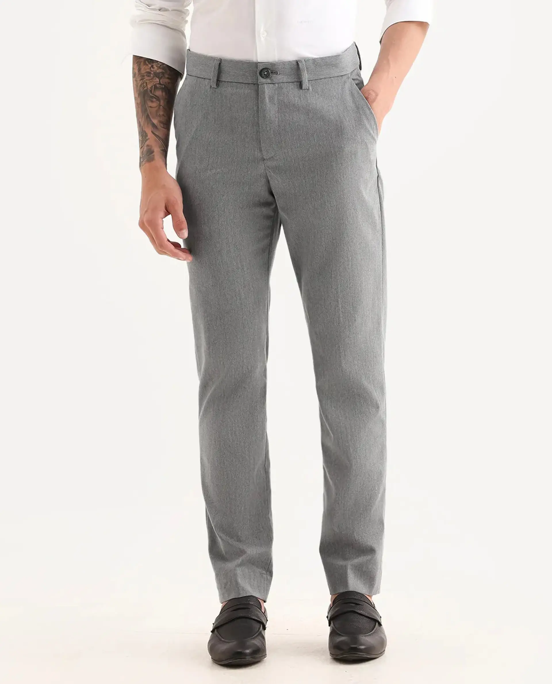 Rare Rabbit Men's Chamer Grey Polyester Plain Regular Fit Trouser - Image 7