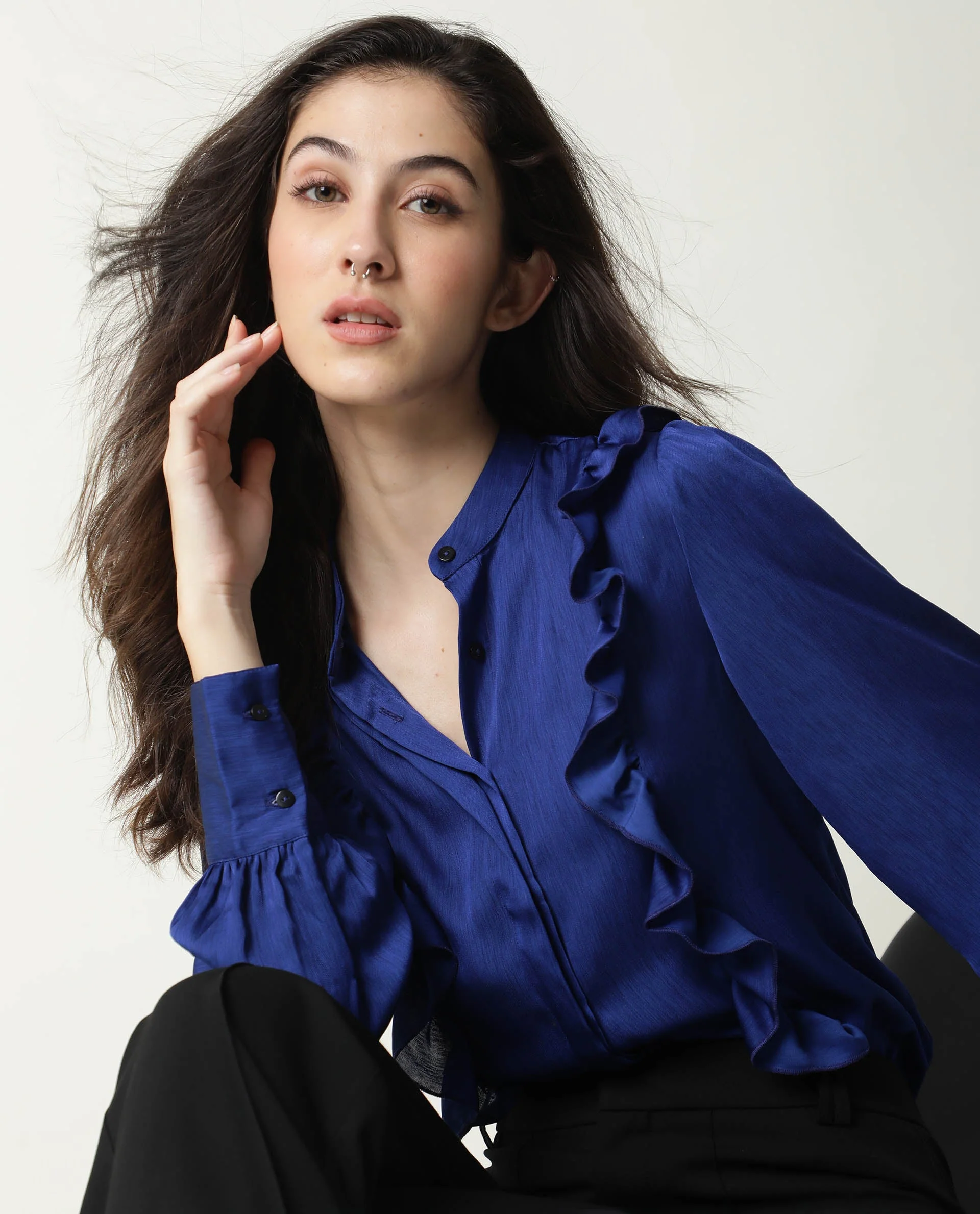 Rareism Womens Chamomile Blue Top Polyester Fabric Fit Regular Sleeves Mandarin Neck