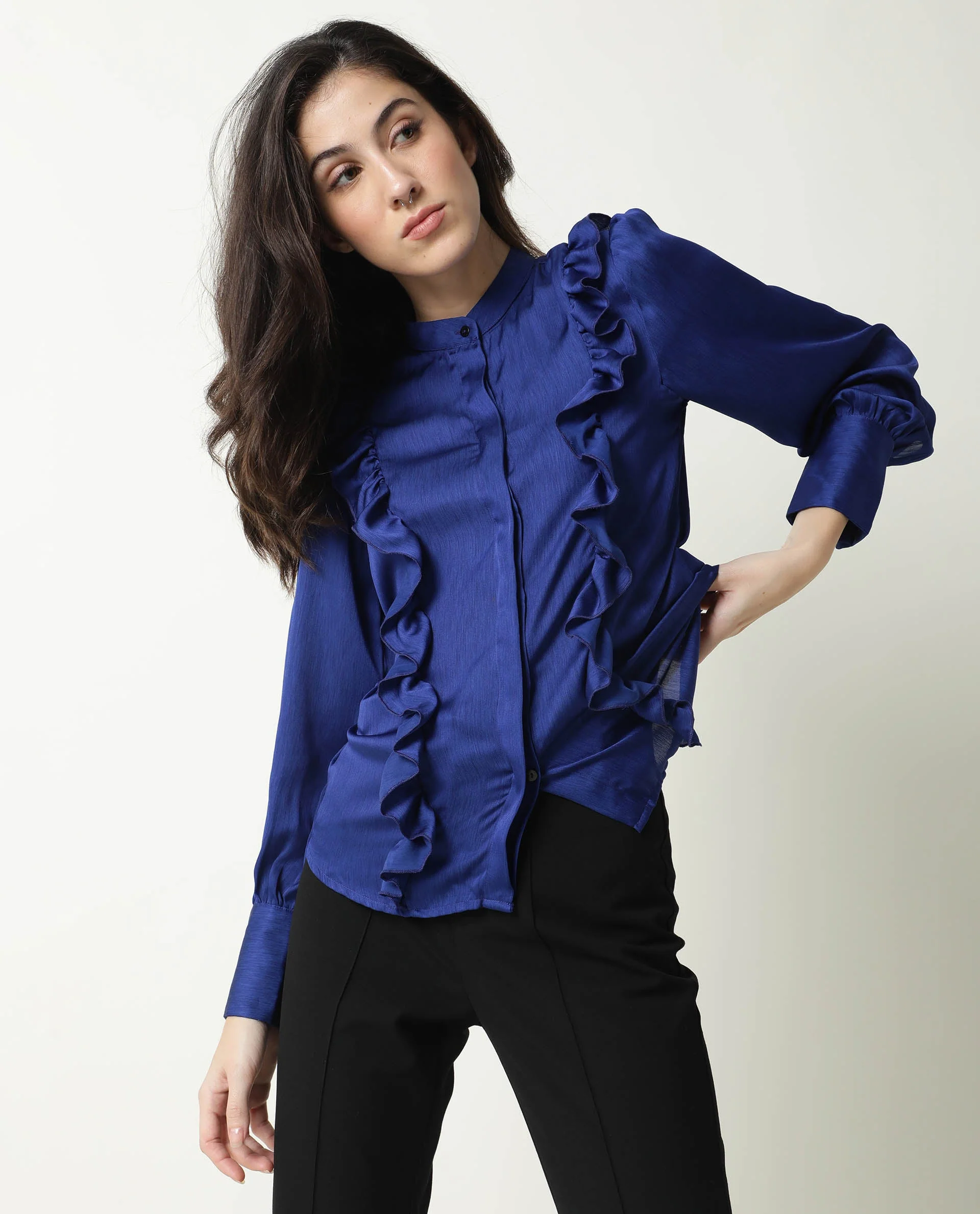 Rareism Womens Chamomile Blue Top Polyester Fabric Fit Regular Sleeves Mandarin Neck - Image 10