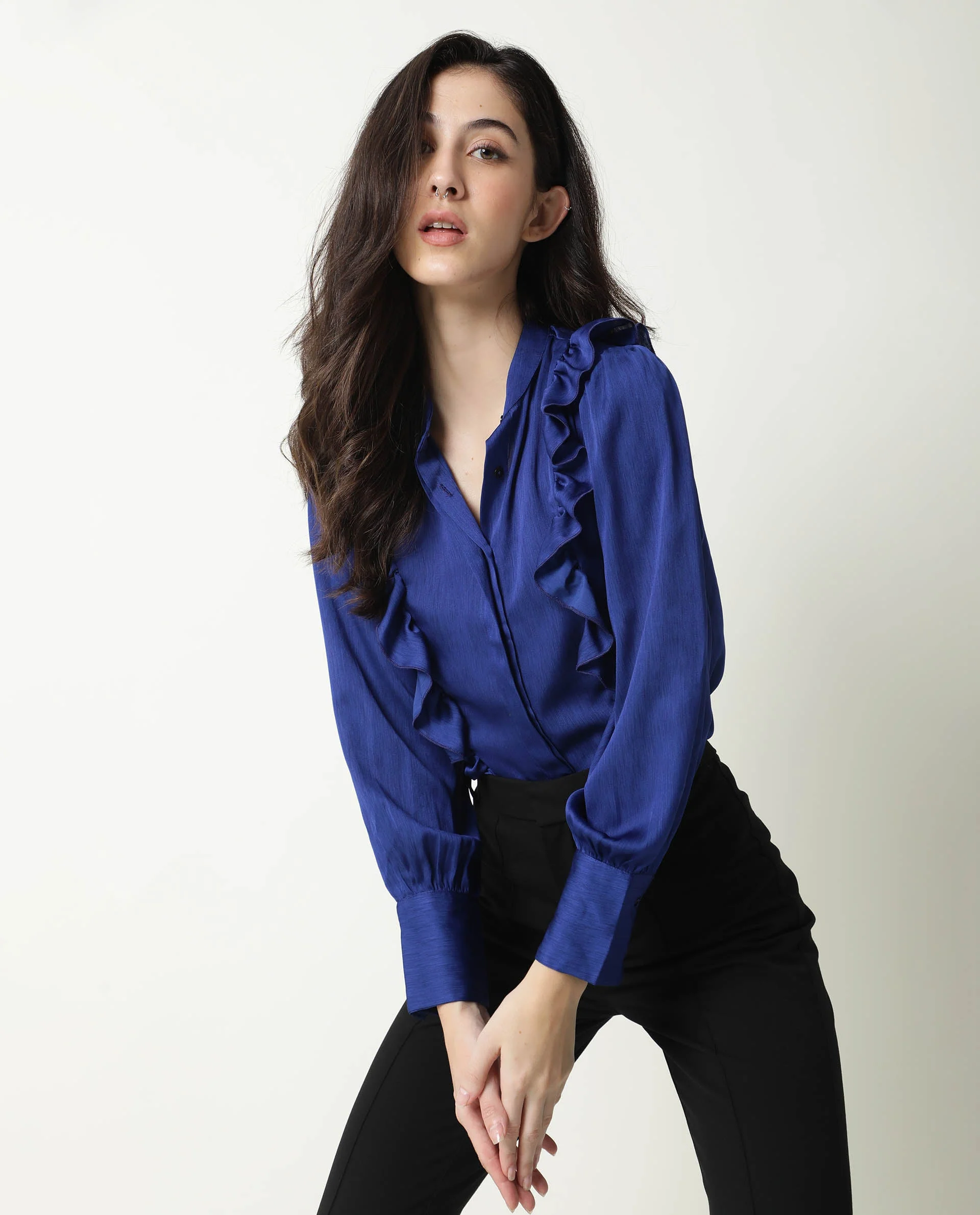 Rareism Womens Chamomile Blue Top Polyester Fabric Fit Regular Sleeves Mandarin Neck - Image 11