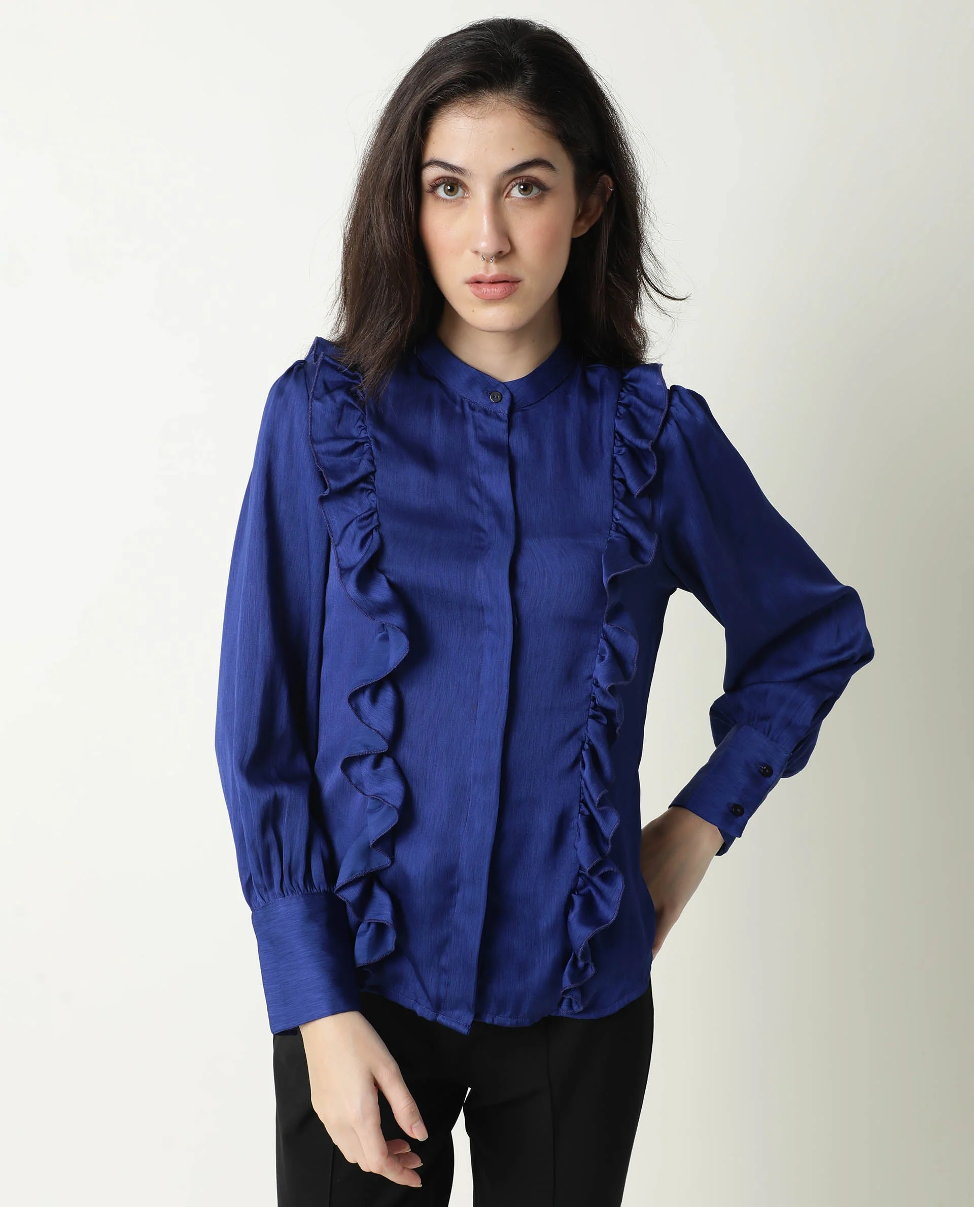 Rareism Womens Chamomile Blue Top Polyester Fabric Fit Regular Sleeves Mandarin Neck - Image 6