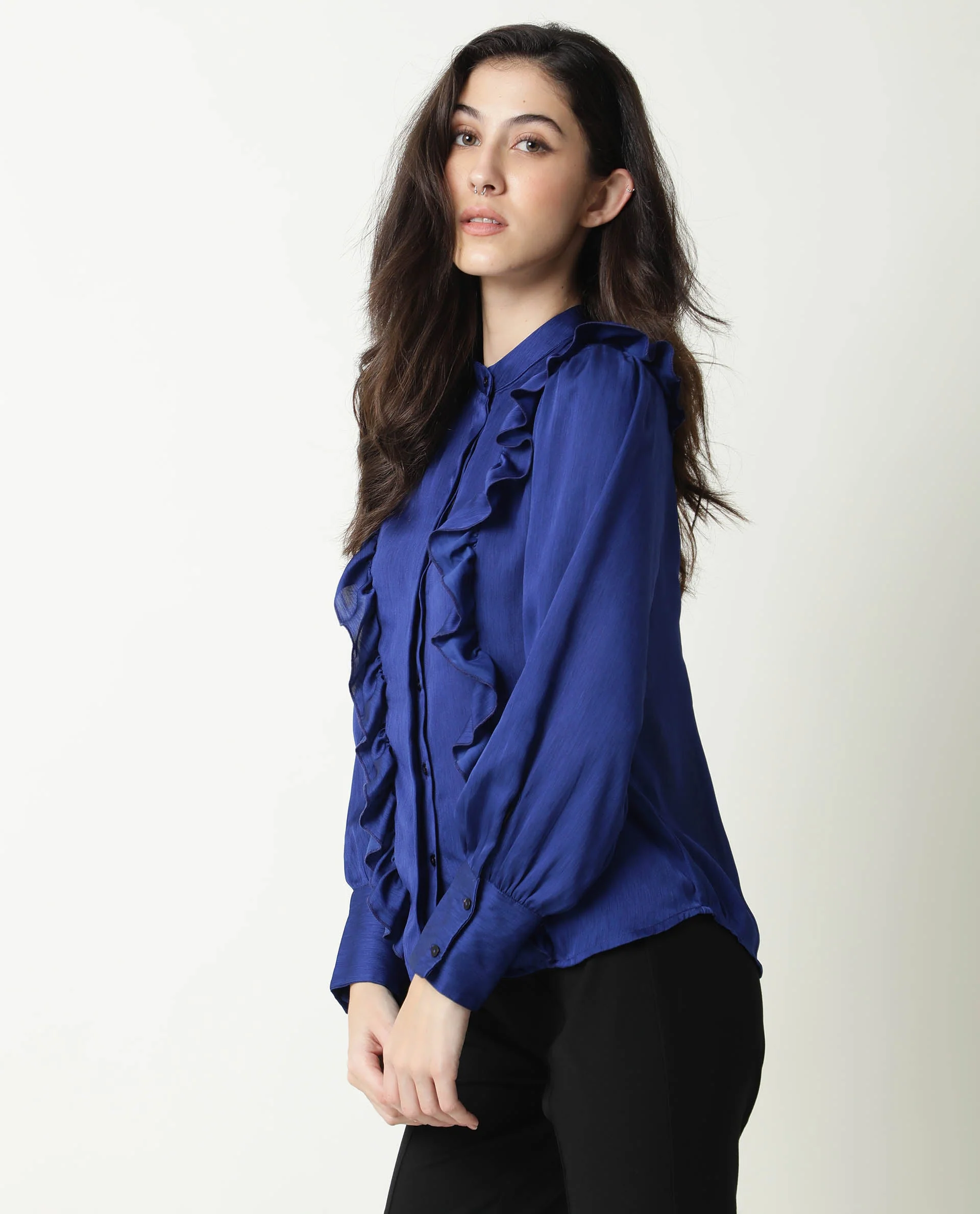 Rareism Womens Chamomile Blue Top Polyester Fabric Fit Regular Sleeves Mandarin Neck - Image 8