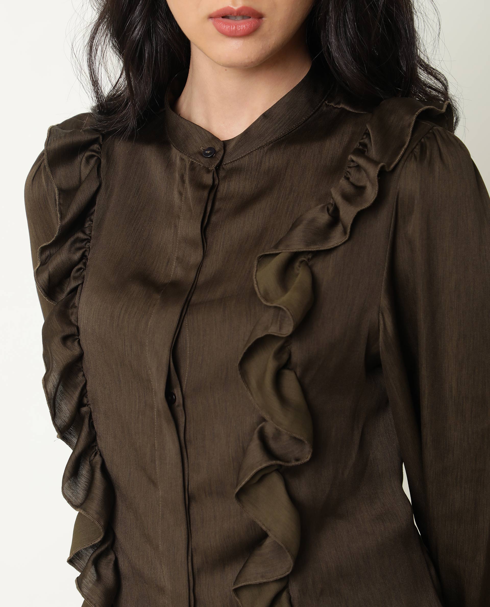 Rareism Womens Chamomile Olive Top Polyester Fabric Fit Regular Sleeves Mandarin Neck - Image 2
