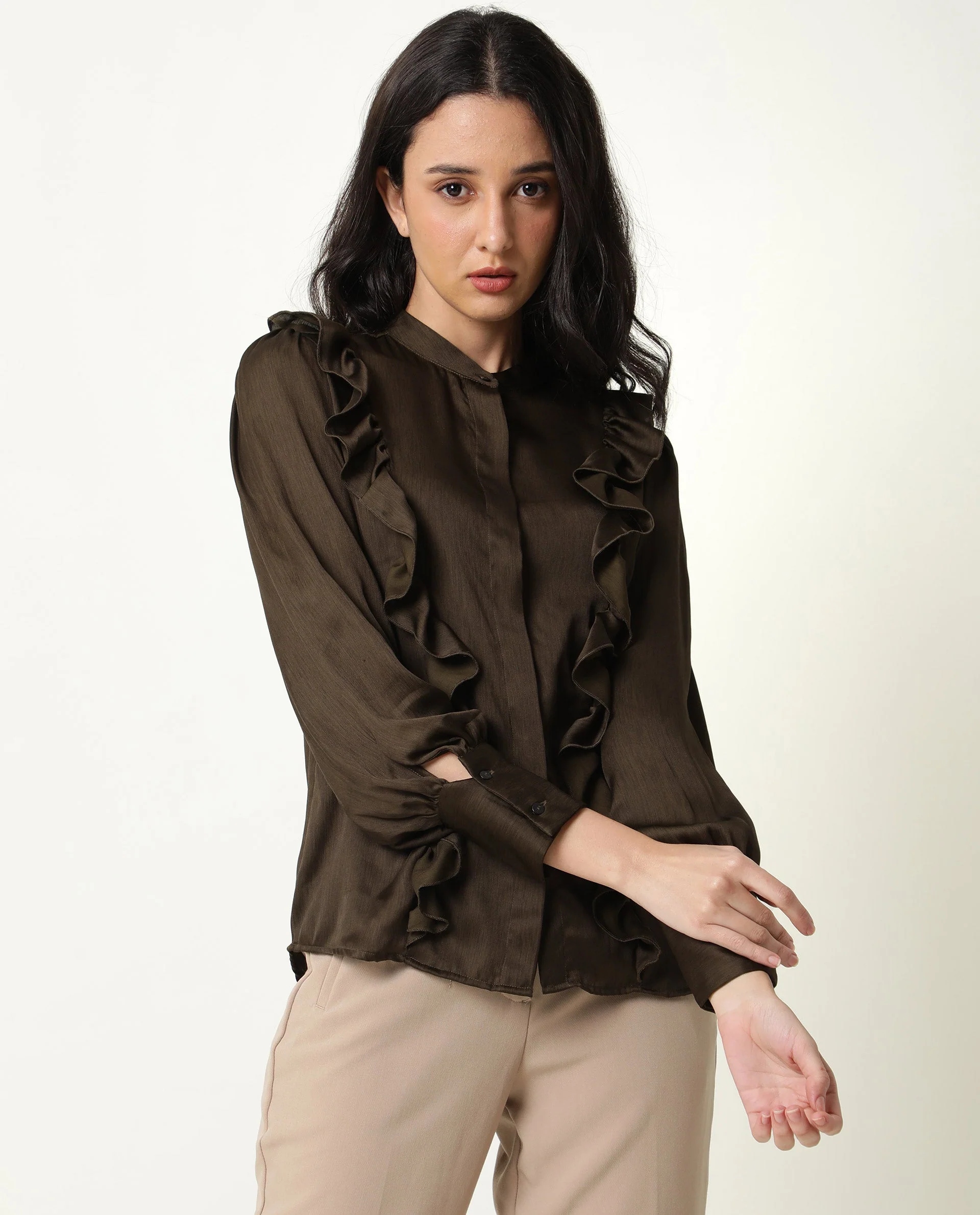 Rareism Womens Chamomile Olive Top Polyester Fabric Fit Regular Sleeves Mandarin Neck - Image 3