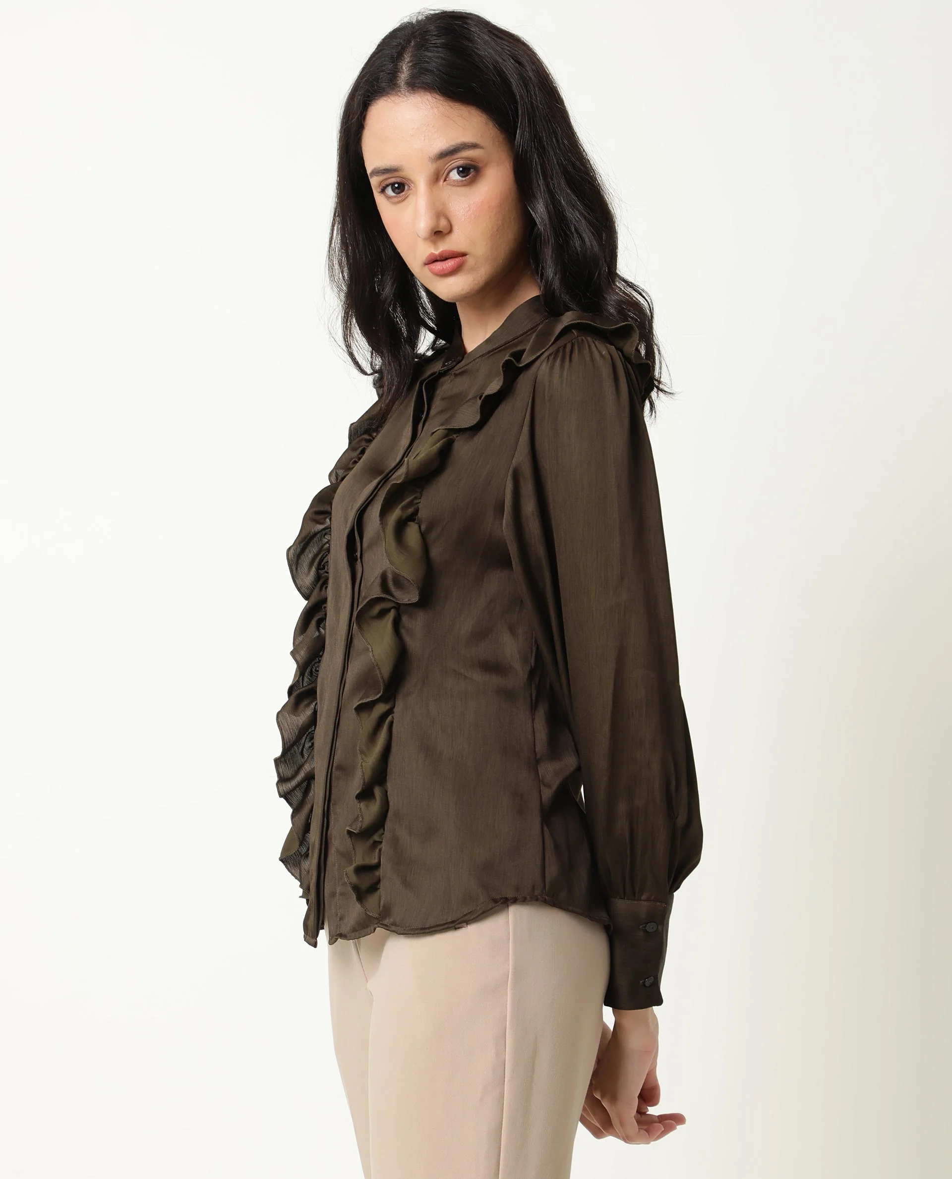 Rareism Womens Chamomile Olive Top Polyester Fabric Fit Regular Sleeves Mandarin Neck - Image 4