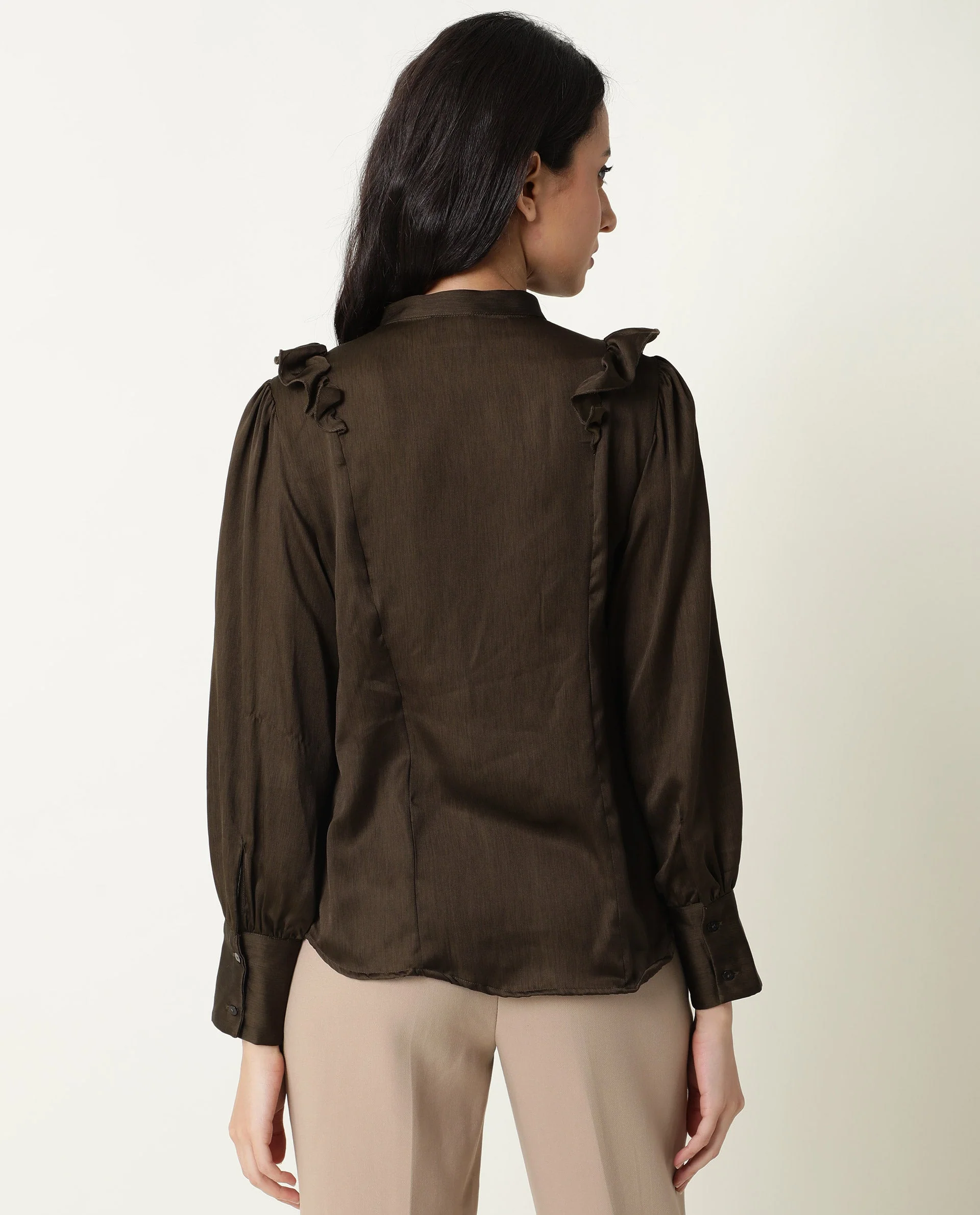 Rareism Womens Chamomile Olive Top Polyester Fabric Fit Regular Sleeves Mandarin Neck - Image 5