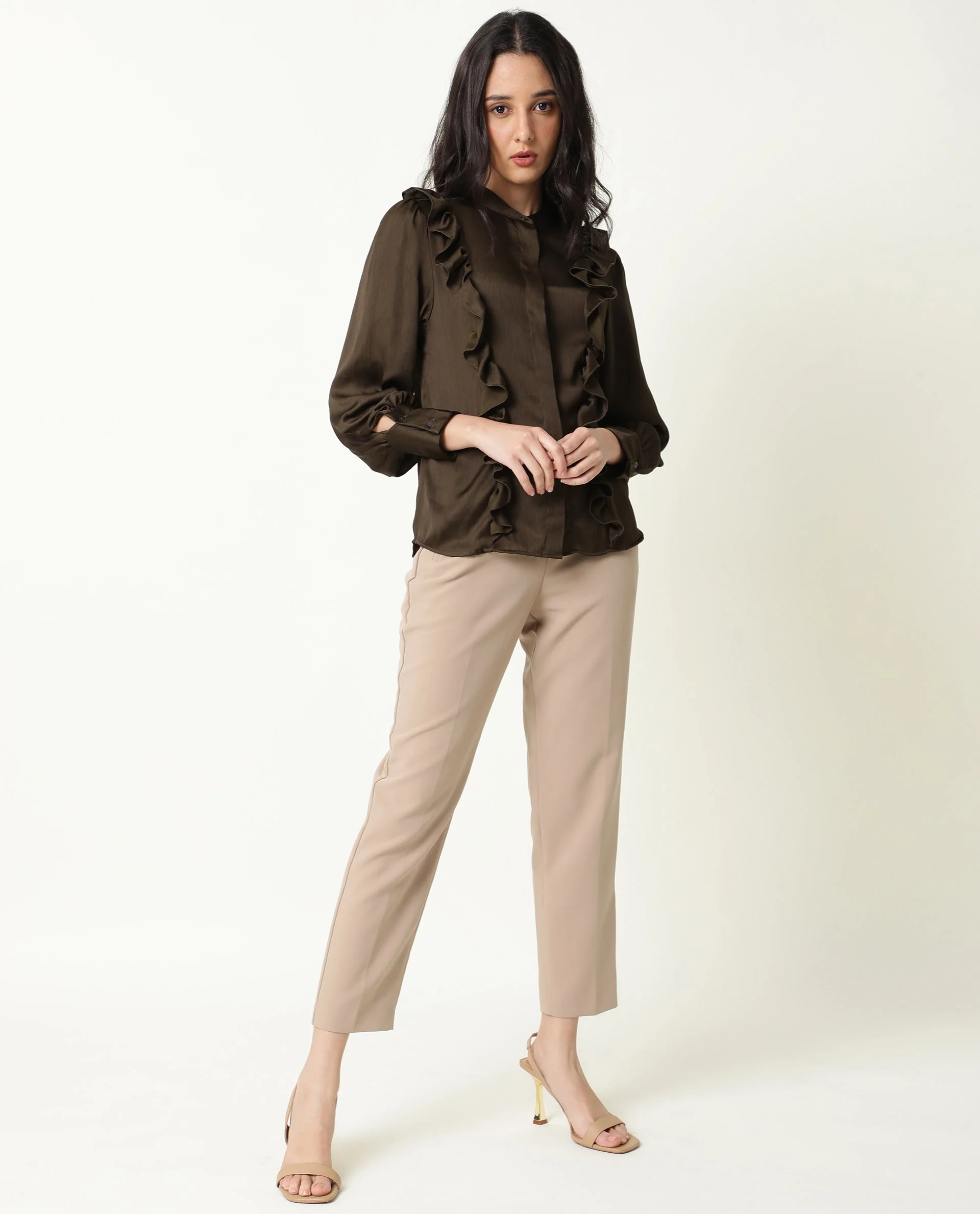 Rareism Womens Chamomile Olive Top Polyester Fabric Fit Regular Sleeves Mandarin Neck - Image 6