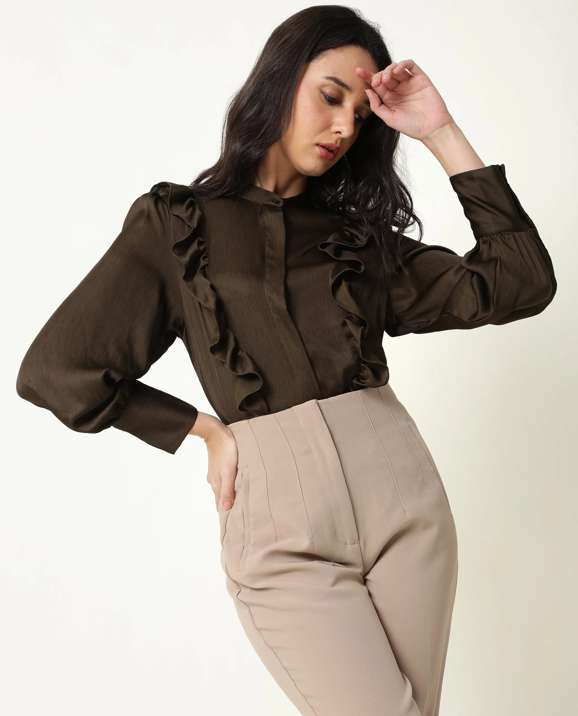 Rareism Womens Chamomile Olive Top Polyester Fabric Fit Regular Sleeves Mandarin Neck - Image 7