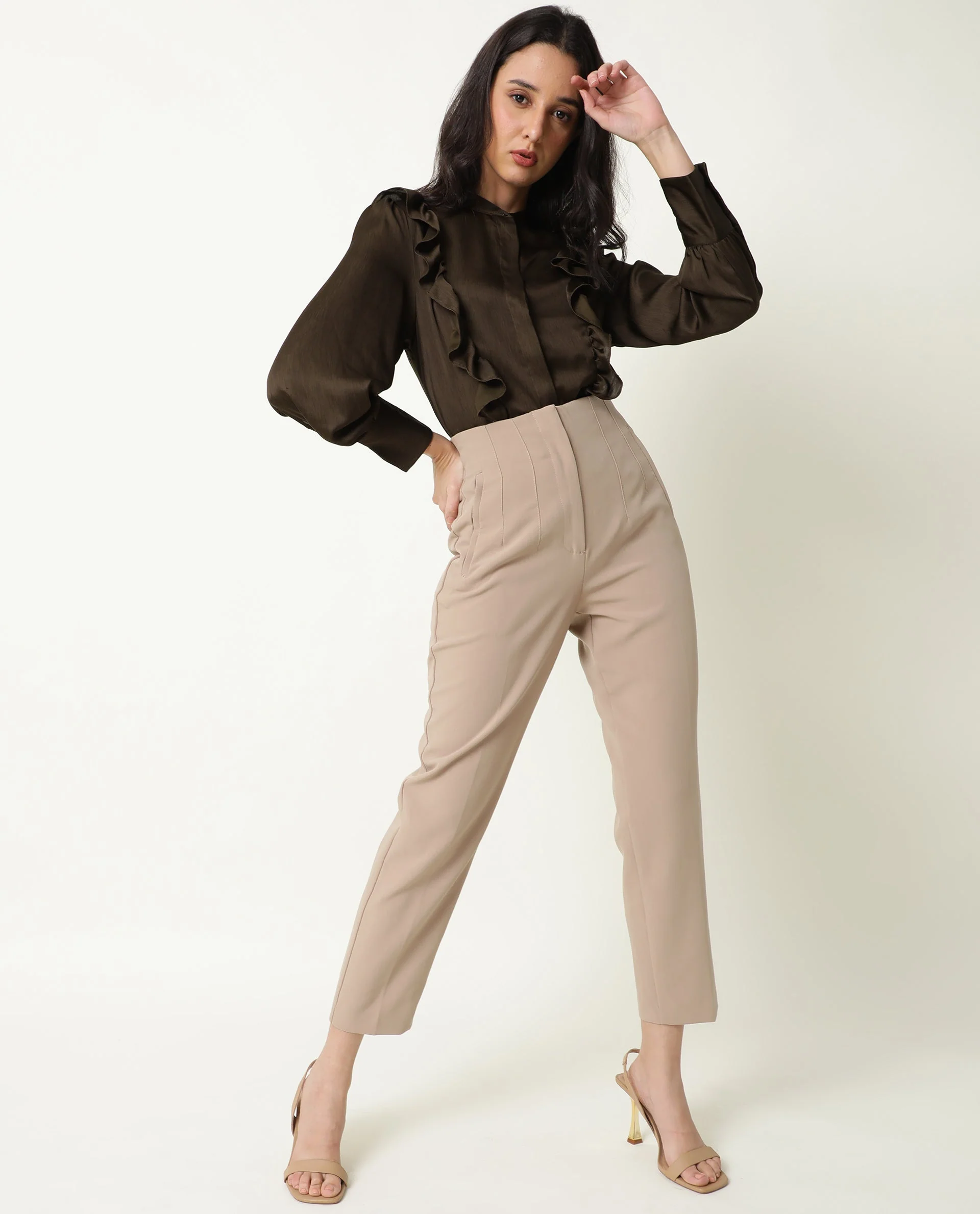 Rareism Womens Chamomile Olive Top Polyester Fabric Fit Regular Sleeves Mandarin Neck - Image 8