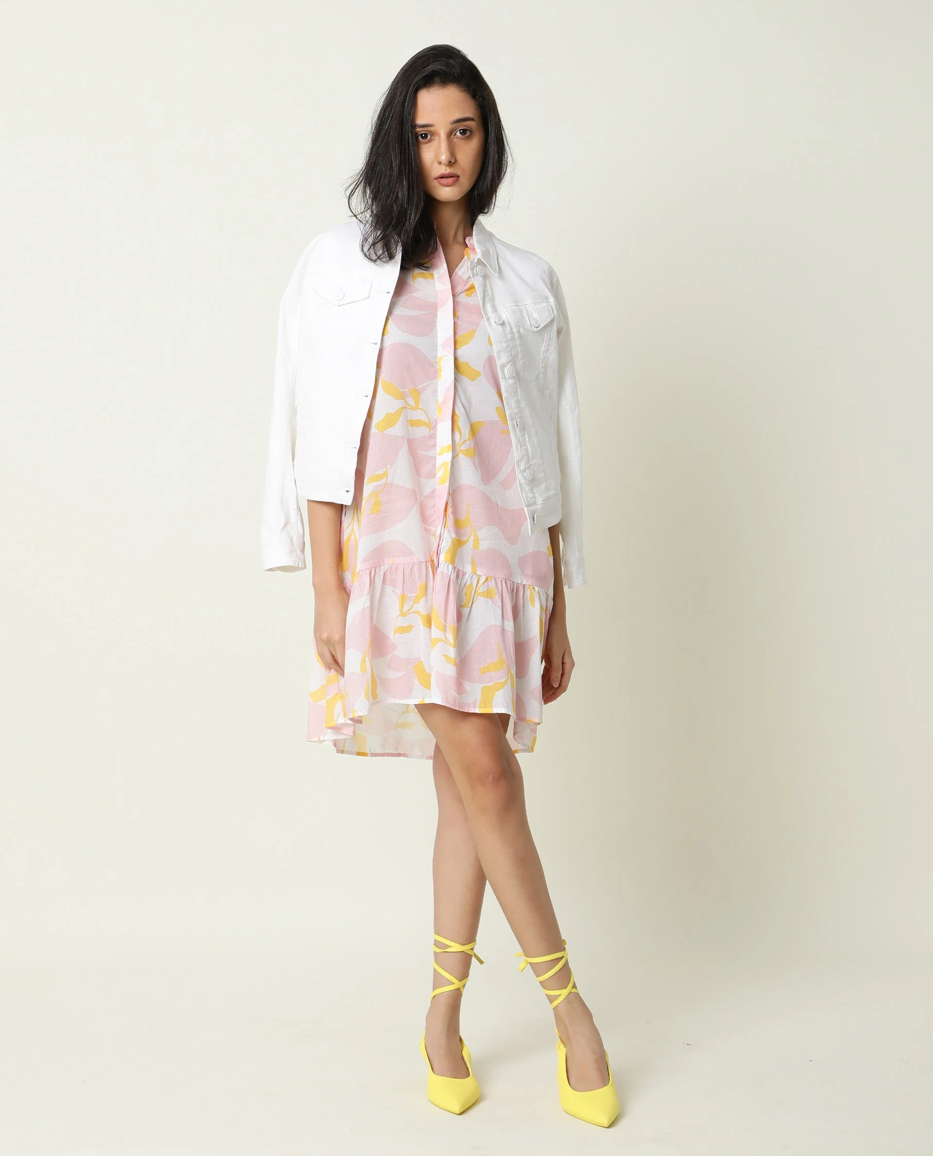Rareism Women's Champ Pink Cotton High Neck Abstract Print Knee Length Regular Fit Dress - Image 2