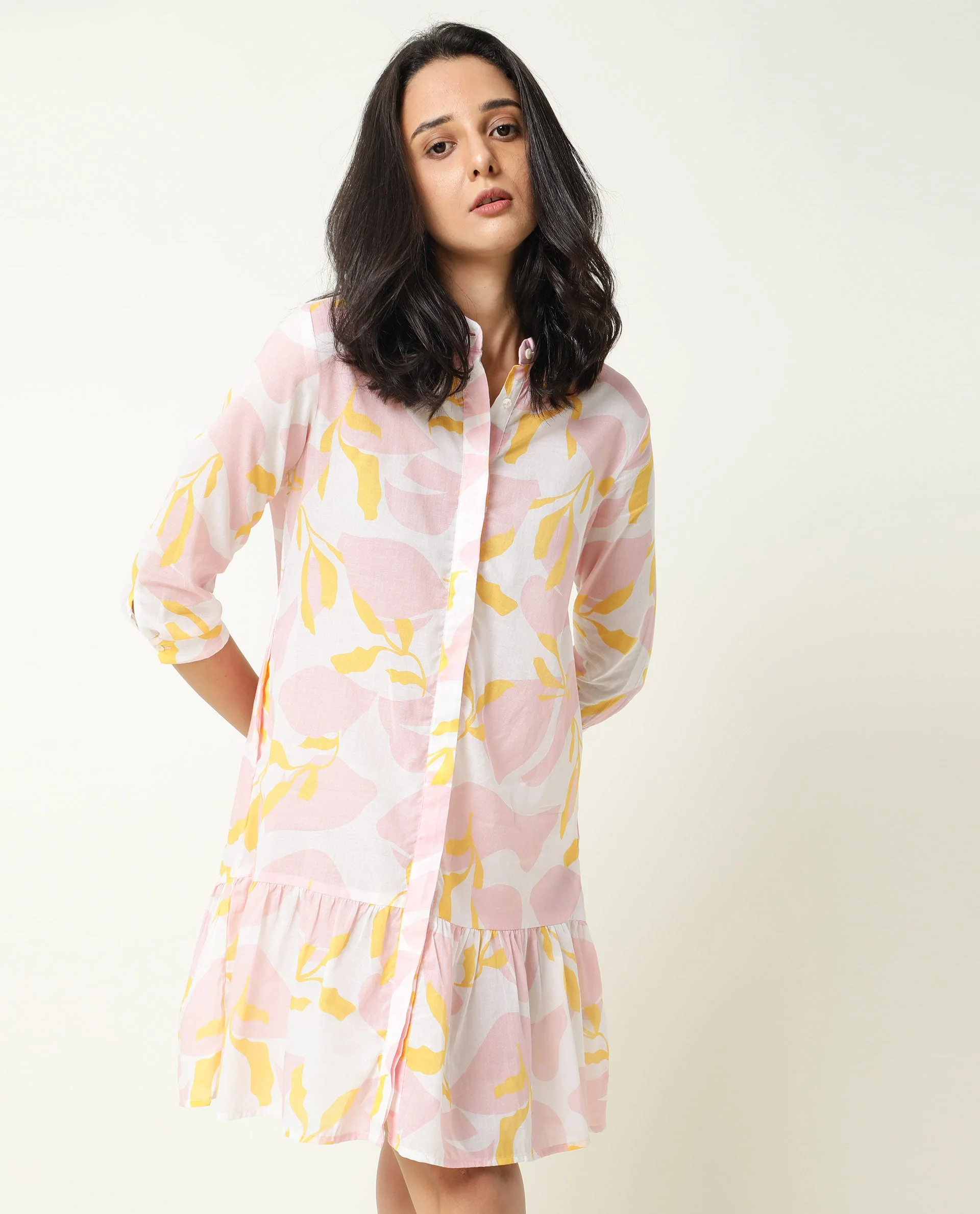 Rareism Women's Champ Pink Cotton High Neck Abstract Print Knee Length Regular Fit Dress - Image 4
