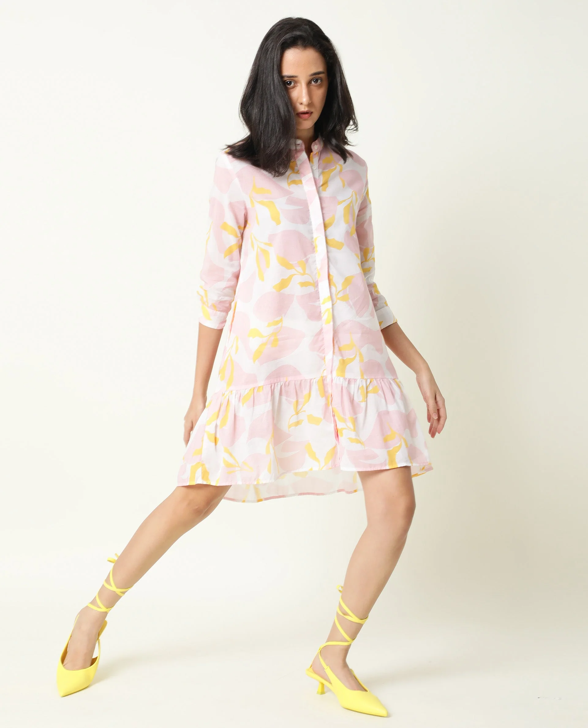 Rareism Women's Champ Pink Cotton High Neck Abstract Print Knee Length Regular Fit Dress - Image 5