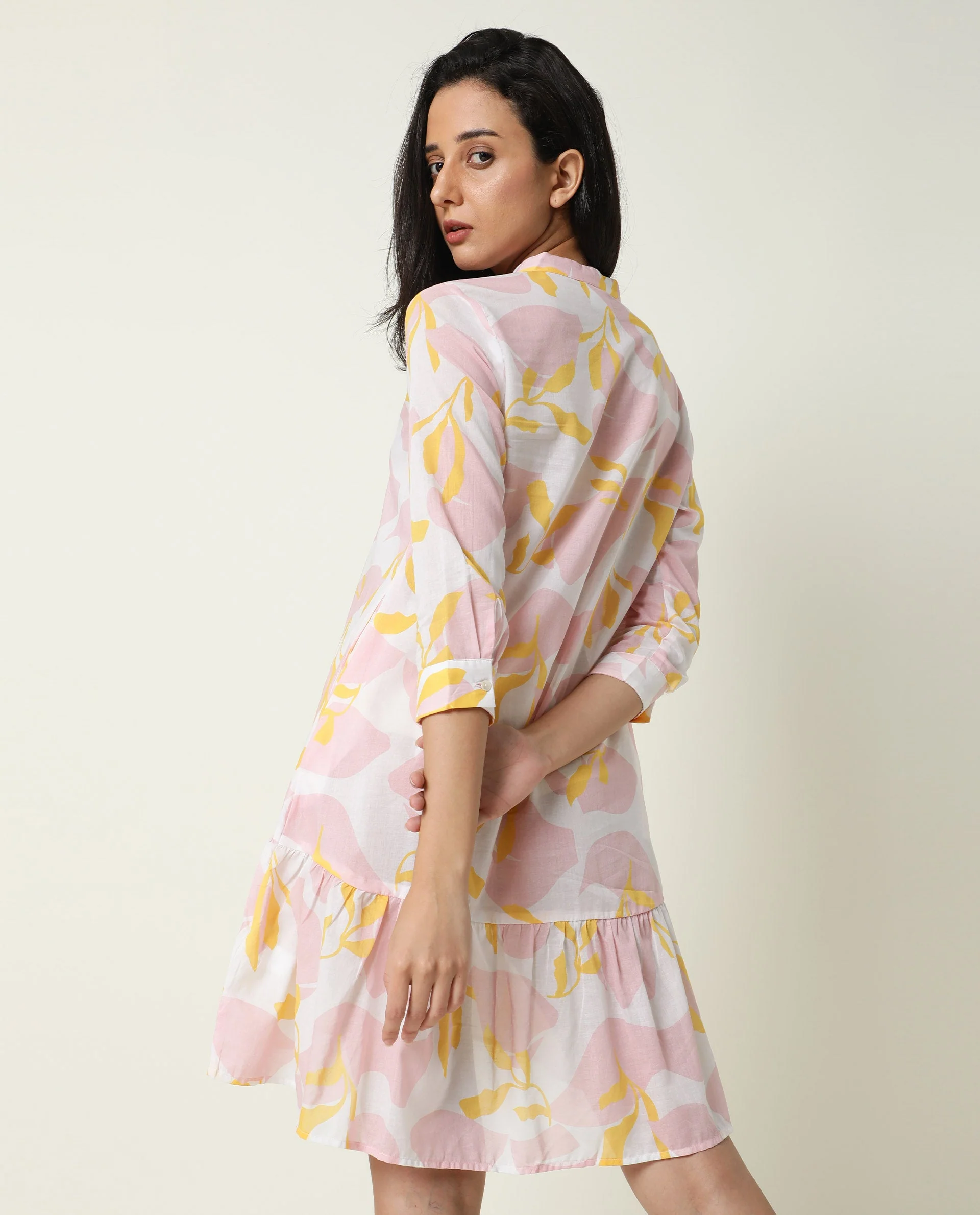 Rareism Women's Champ Pink Cotton High Neck Abstract Print Knee Length Regular Fit Dress - Image 6