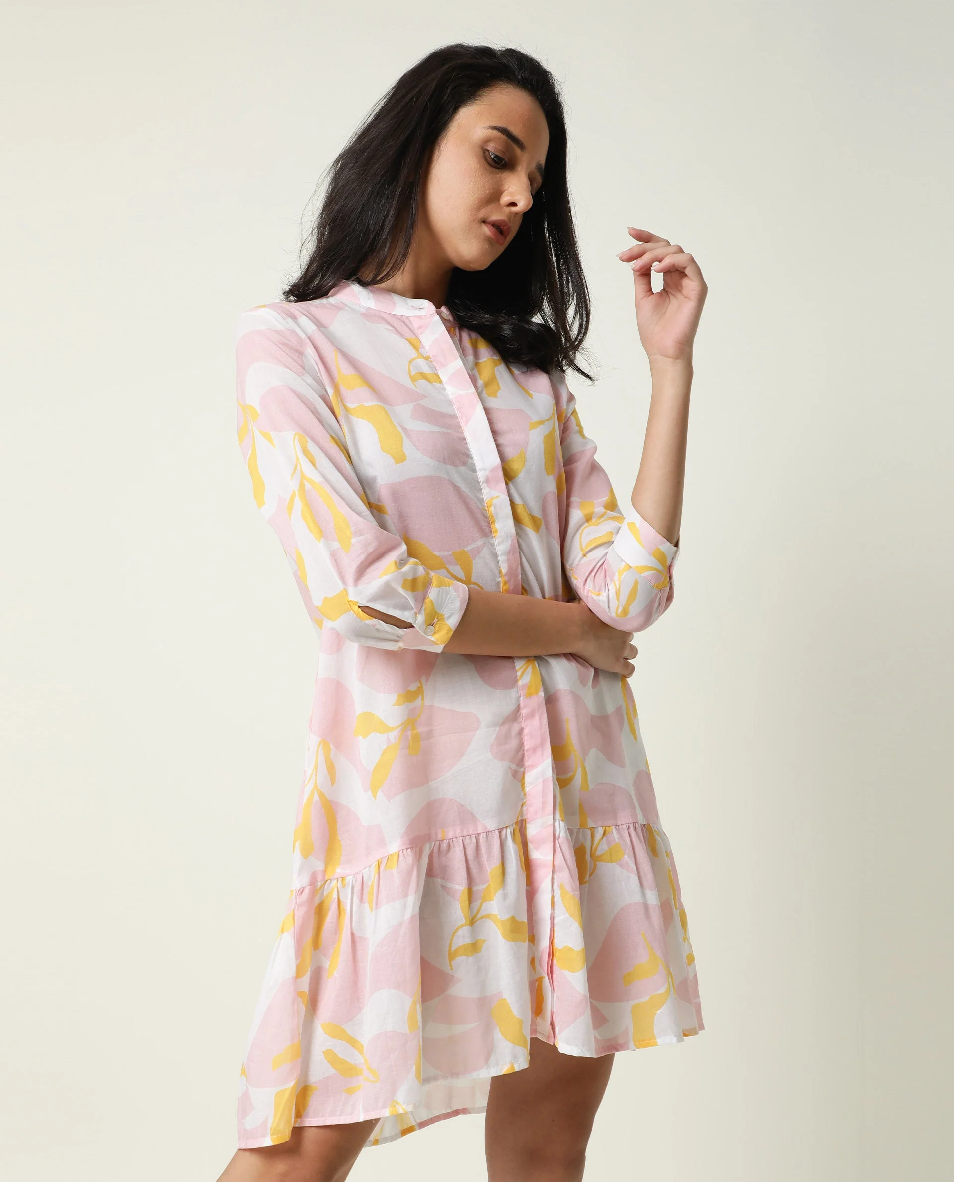 Rareism Women's Champ Pink Cotton High Neck Abstract Print Knee Length Regular Fit Dress - Image 7