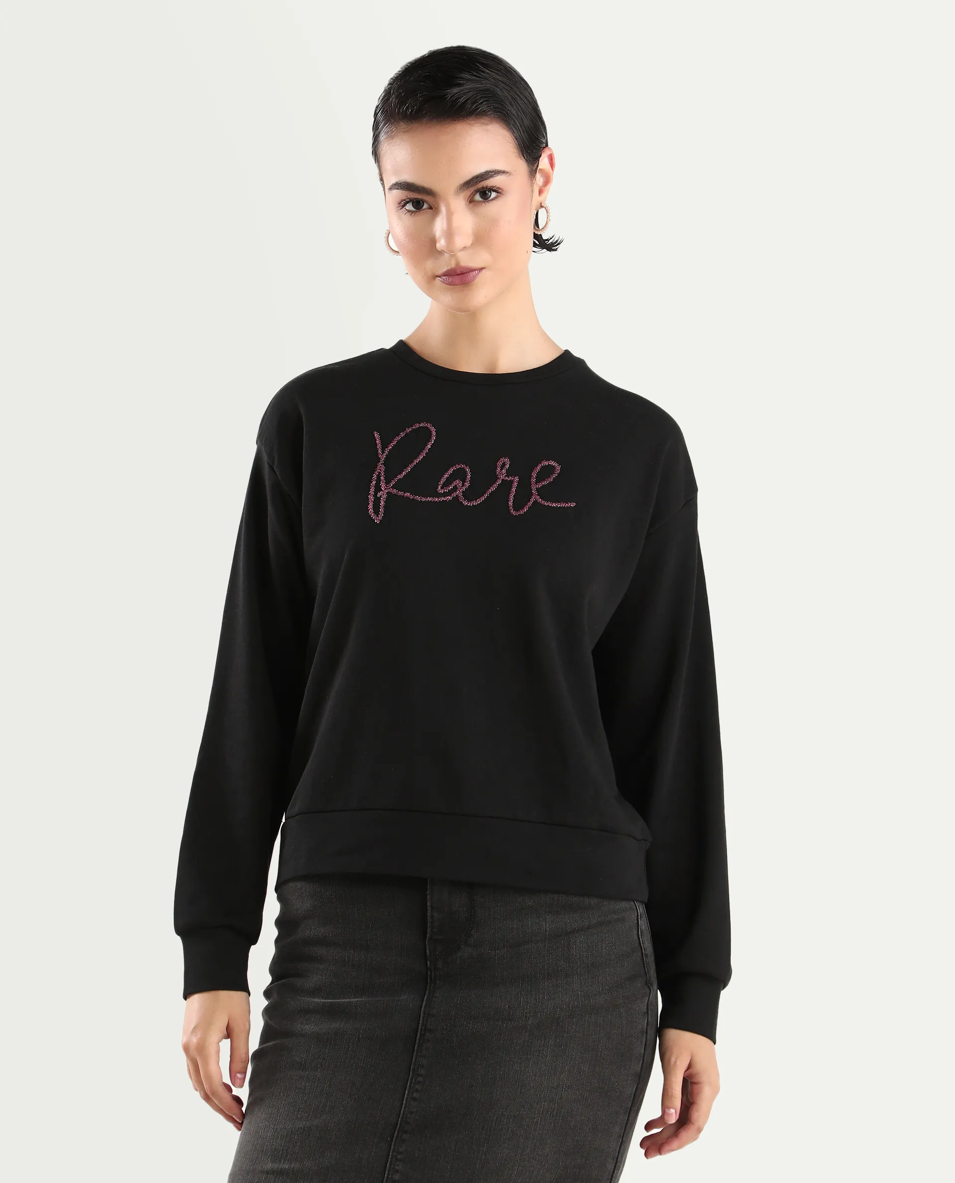 Rareism Women's Chant Black Cotton Blend Crew Neck Plain Relaxed Fit Sweatshirt - Image 3