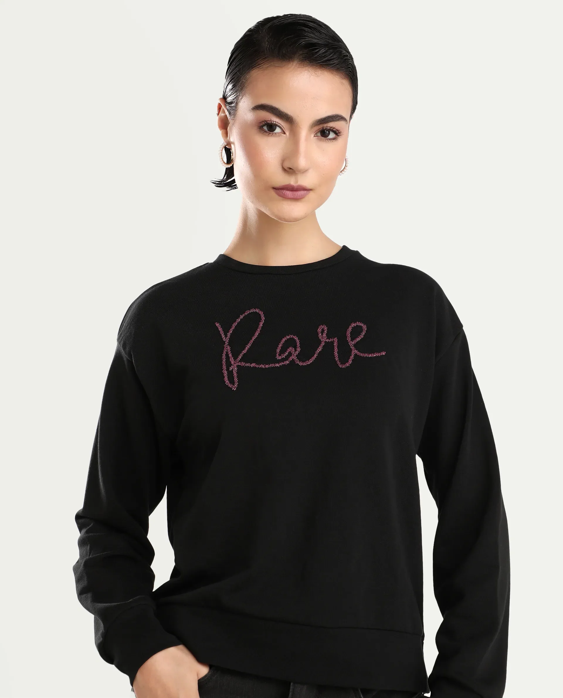 Rareism Women's Chant Black Cotton Blend Crew Neck Plain Relaxed Fit Sweatshirt - Image 4