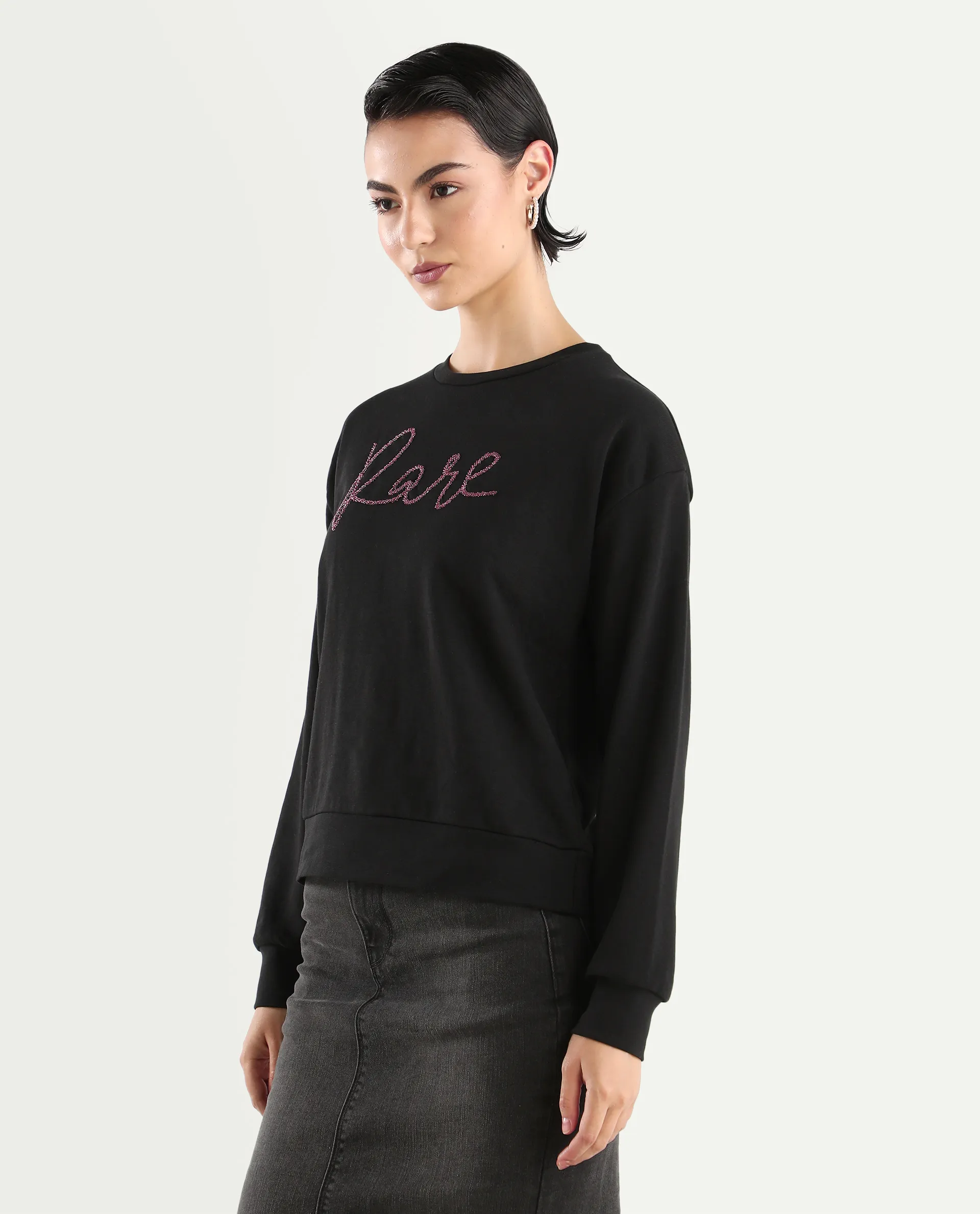 Rareism Women's Chant Black Cotton Blend Crew Neck Plain Relaxed Fit Sweatshirt - Image 5