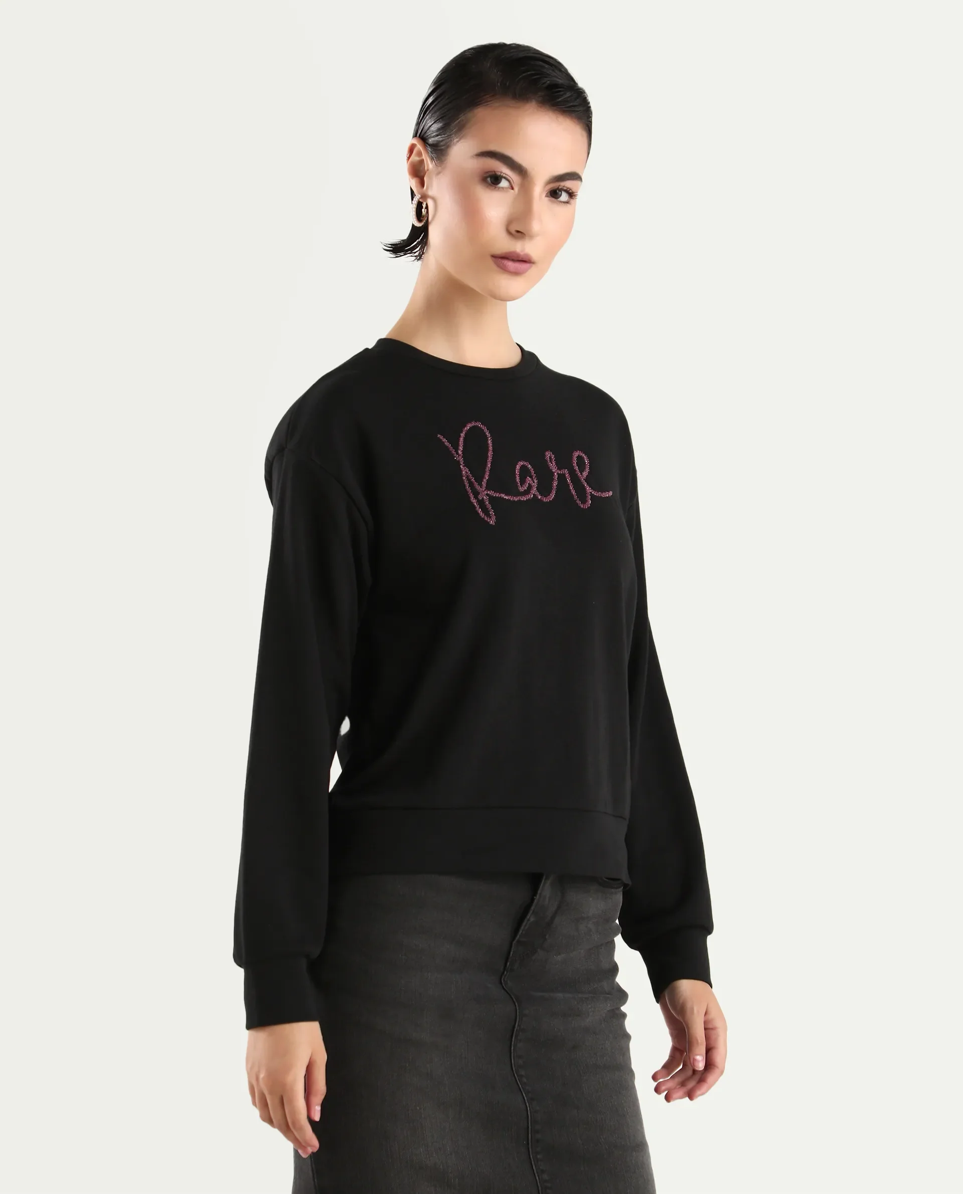 Rareism Women's Chant Black Cotton Blend Crew Neck Plain Relaxed Fit Sweatshirt - Image 6