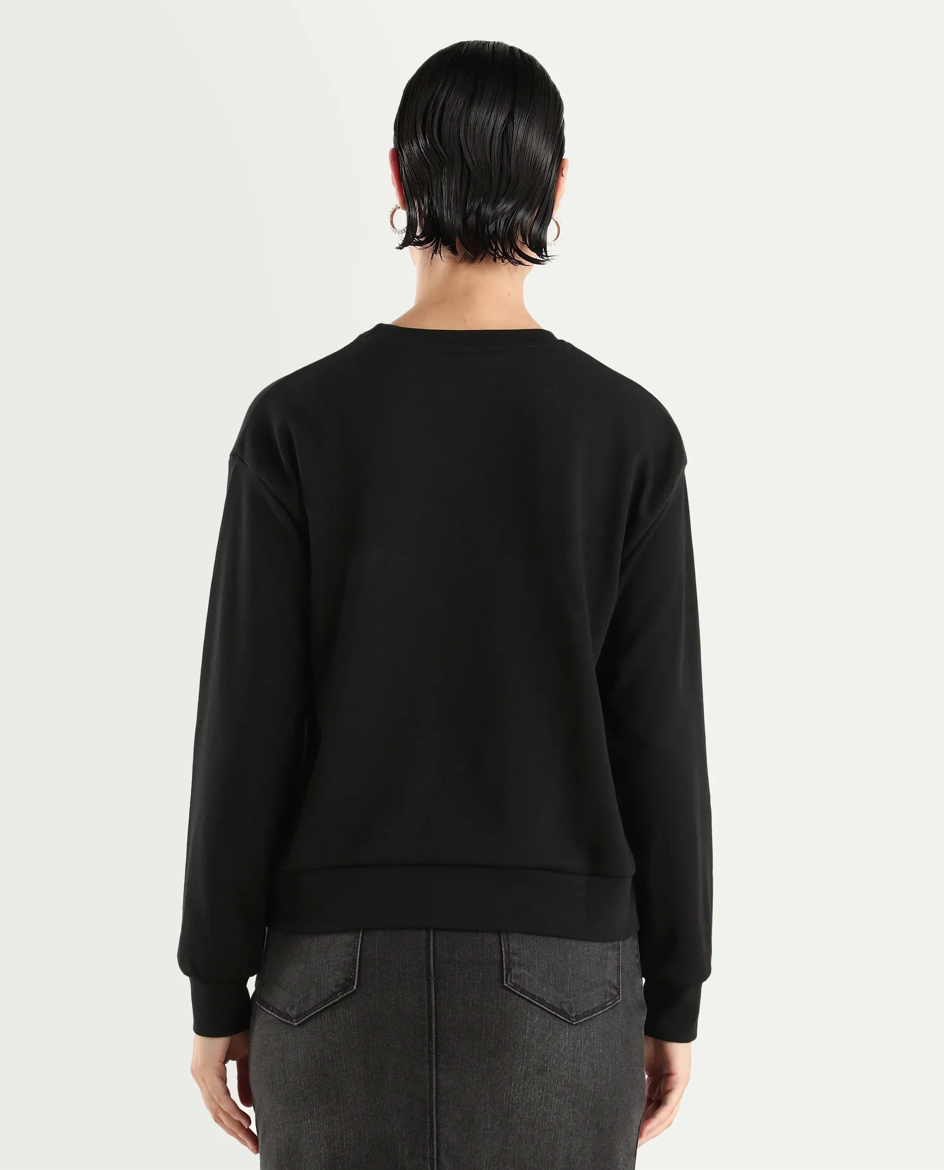 Rareism Women's Chant Black Cotton Blend Crew Neck Plain Relaxed Fit Sweatshirt - Image 7