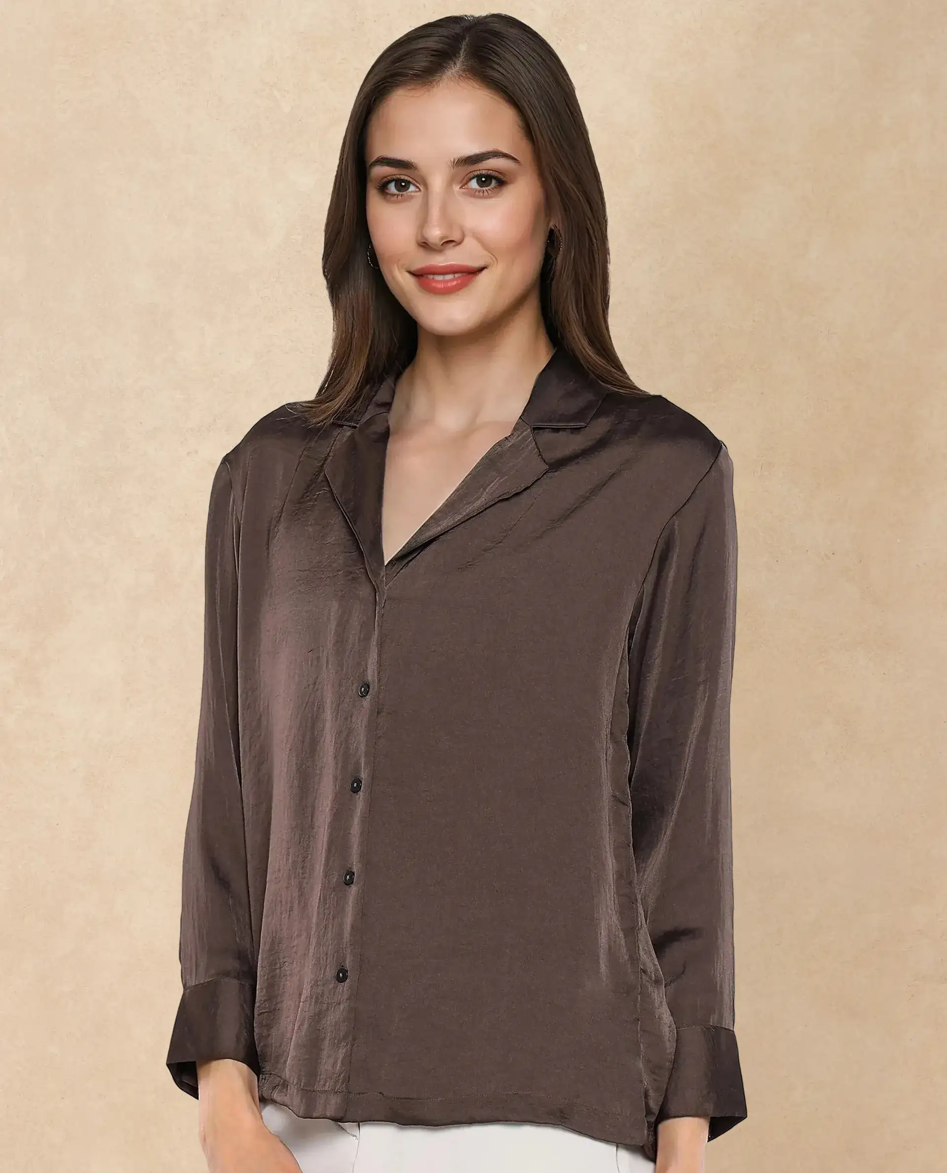 Rareism Women's Chant Dark Brown Polyester Lapel Neck Plain Cuffed Sleeve Regular Fit Top
