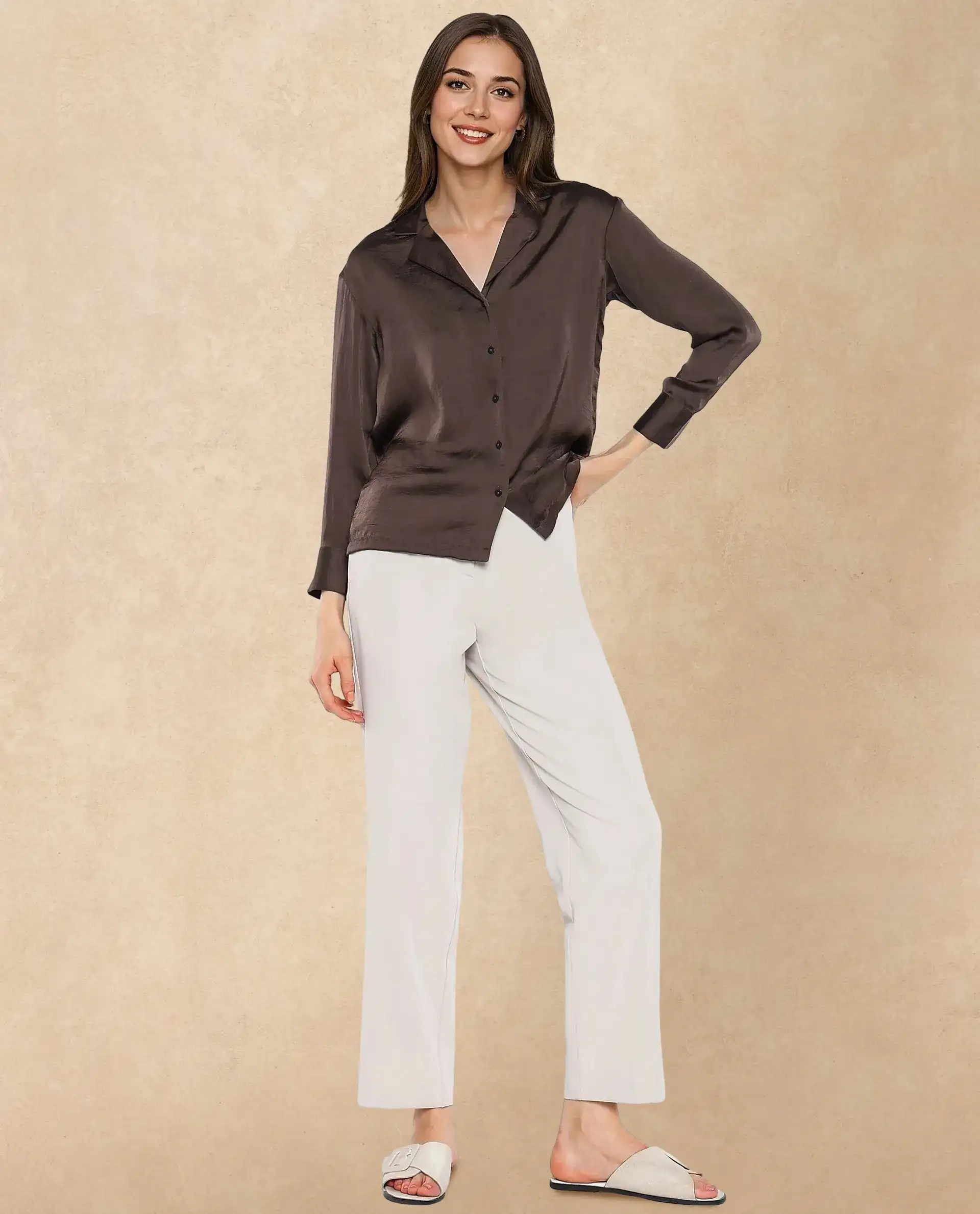 Rareism Women's Chant Dark Brown Polyester Lapel Neck Plain Cuffed Sleeve Regular Fit Top - Image 2