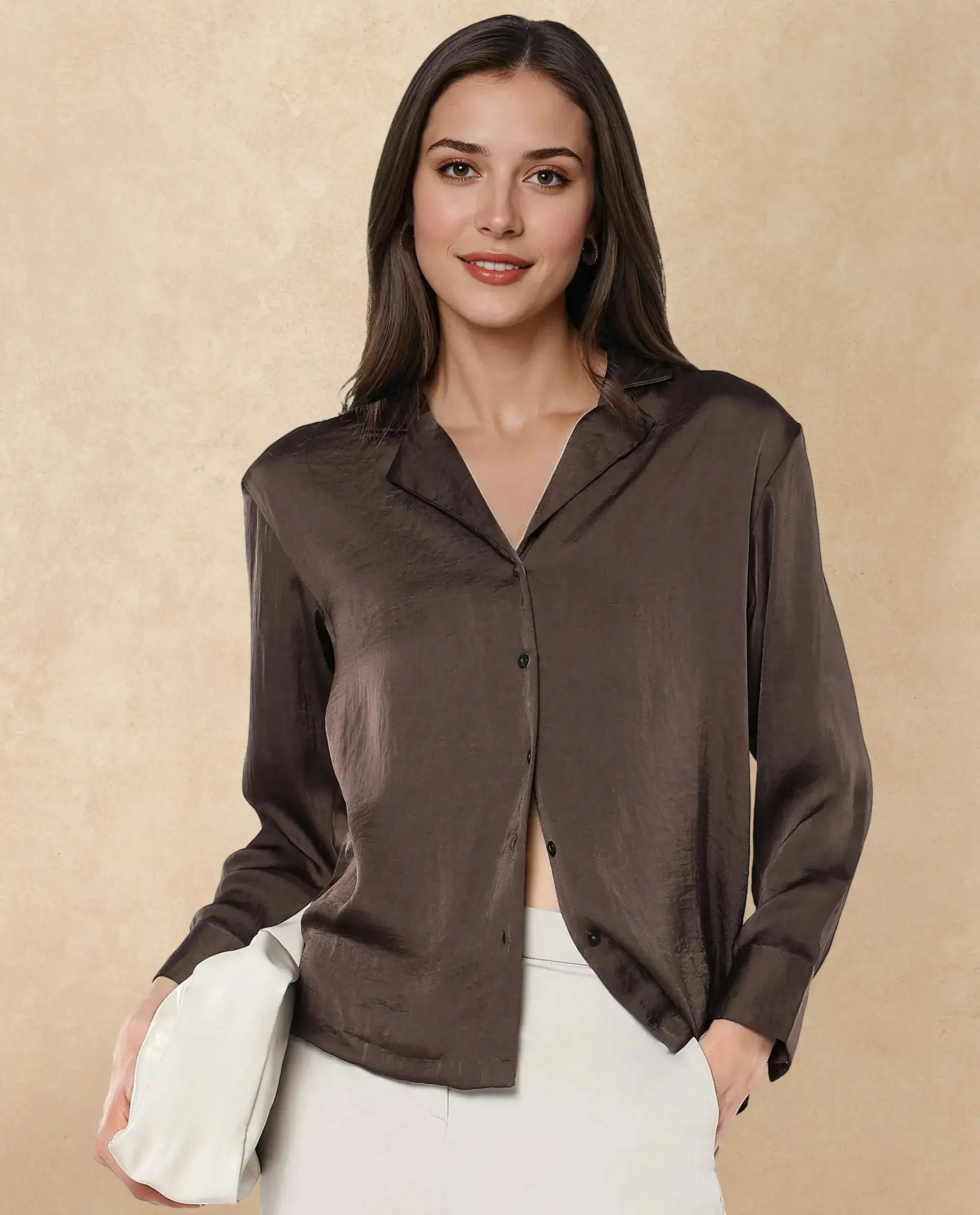 Rareism Women's Chant Dark Brown Polyester Lapel Neck Plain Cuffed Sleeve Regular Fit Top - Image 5