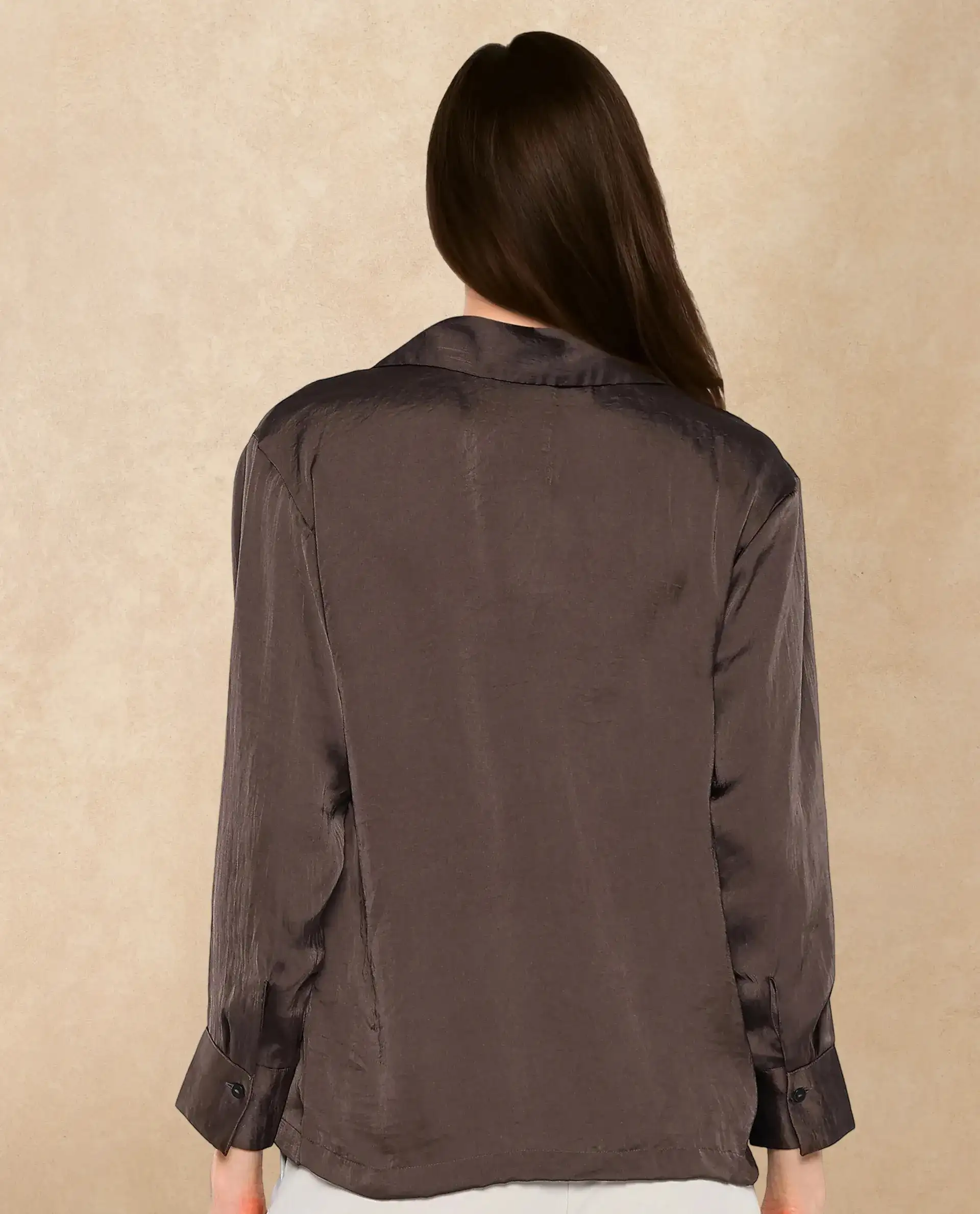 Rareism Women's Chant Dark Brown Polyester Lapel Neck Plain Cuffed Sleeve Regular Fit Top - Image 6