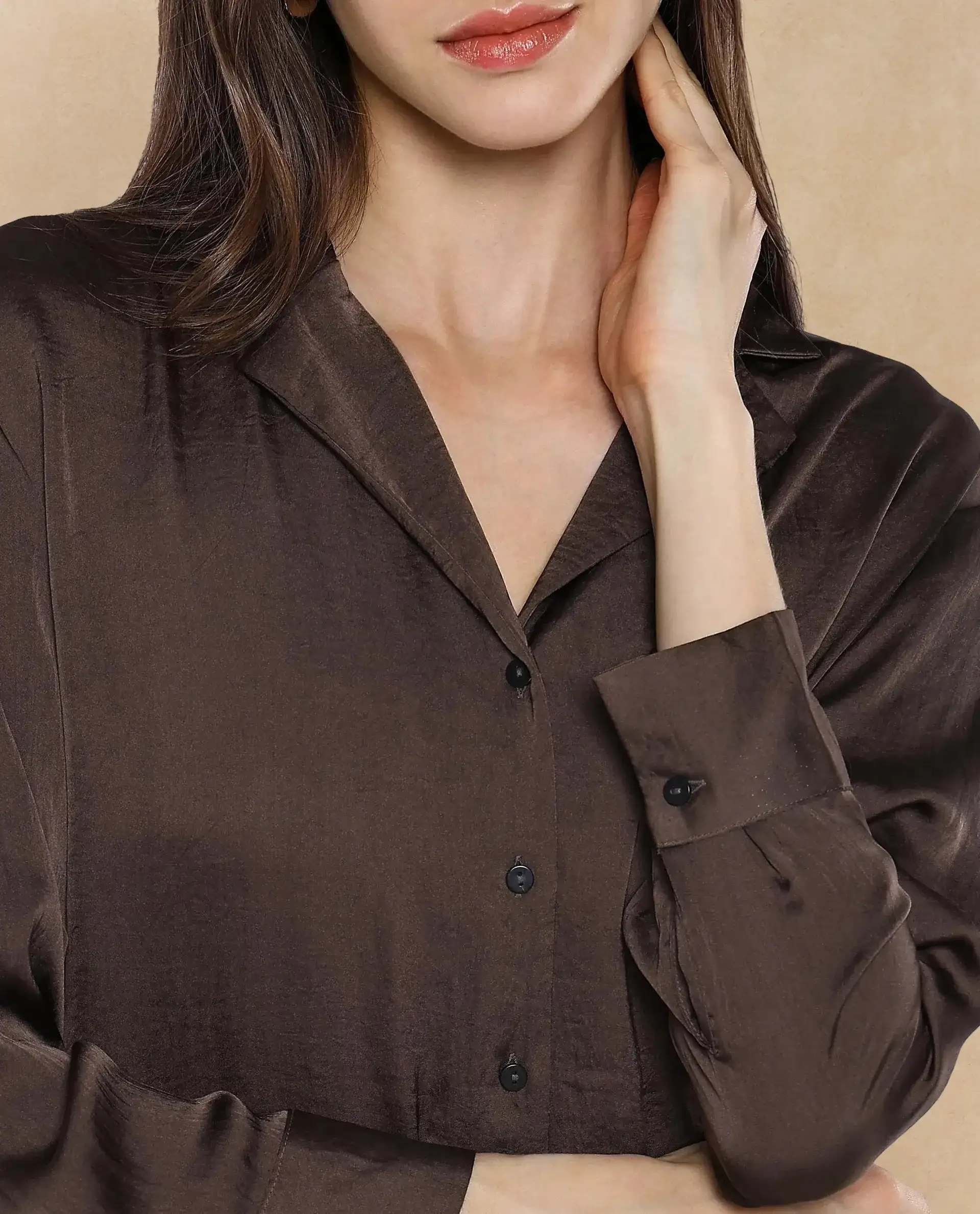 Rareism Women's Chant Dark Brown Polyester Lapel Neck Plain Cuffed Sleeve Regular Fit Top - Image 7