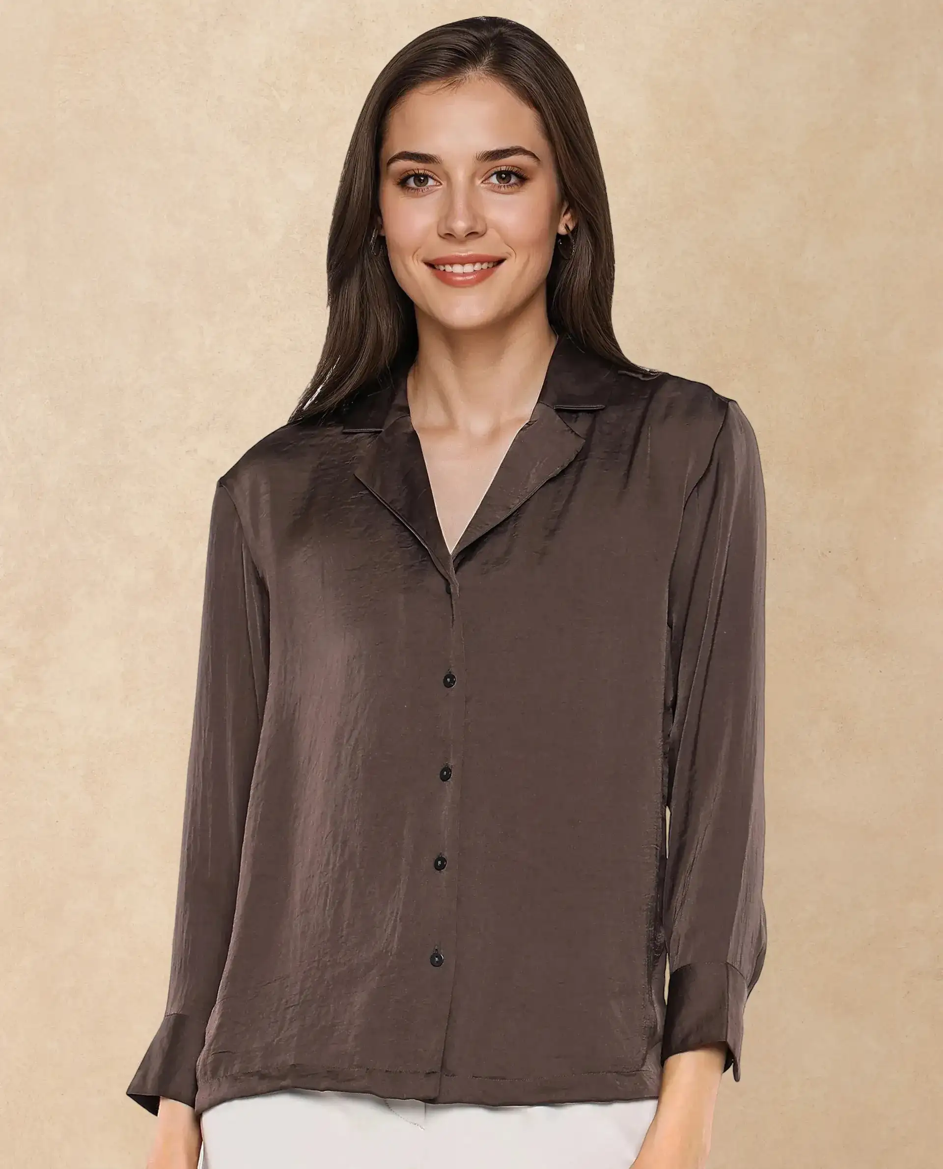 Rareism Women's Chant Dark Brown Polyester Lapel Neck Plain Cuffed Sleeve Regular Fit Top - Image 8