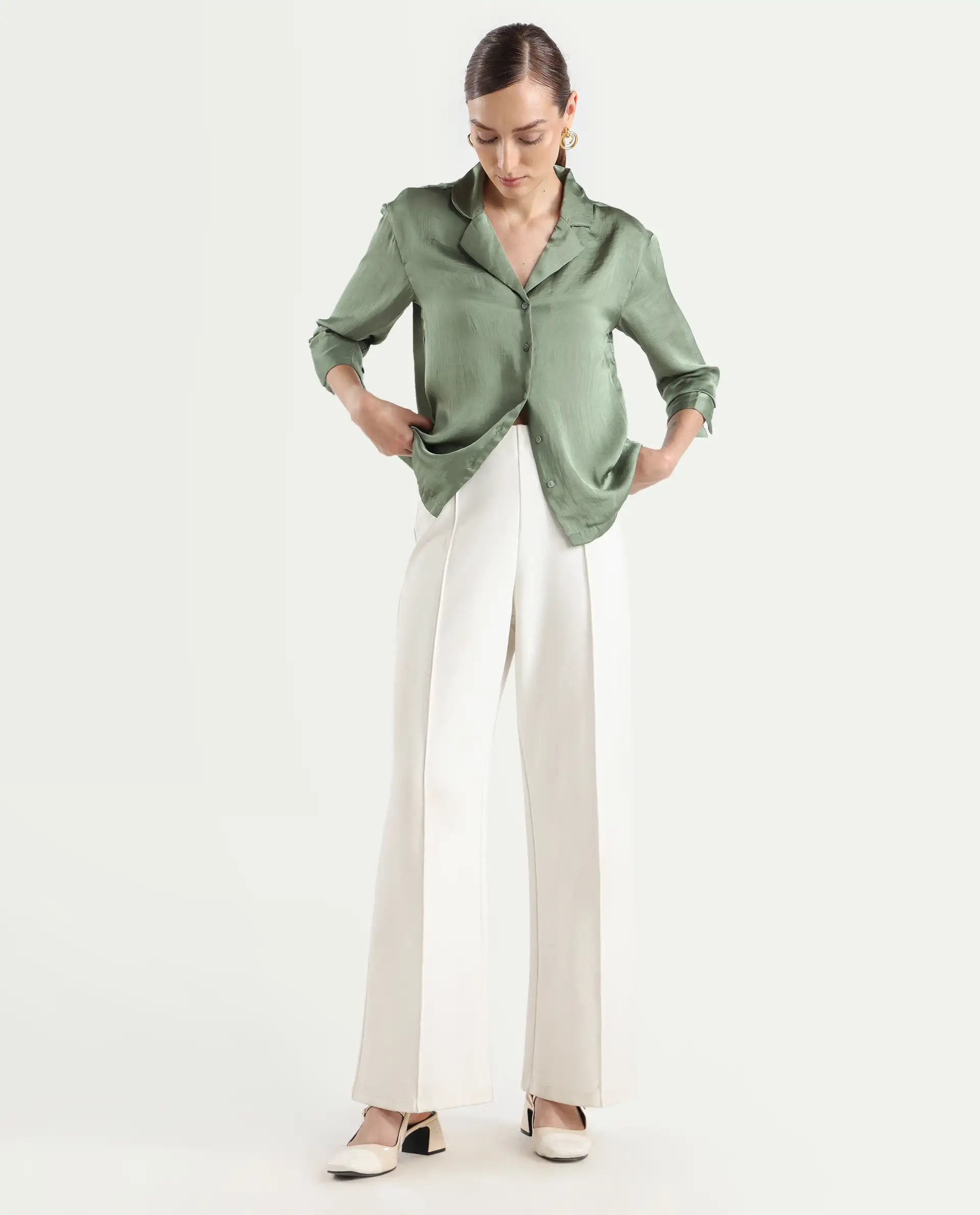 Rareism Women's Chant Light Green Lapel Neck Plain Cuffed Sleeve Regular Fit Top - Image 2
