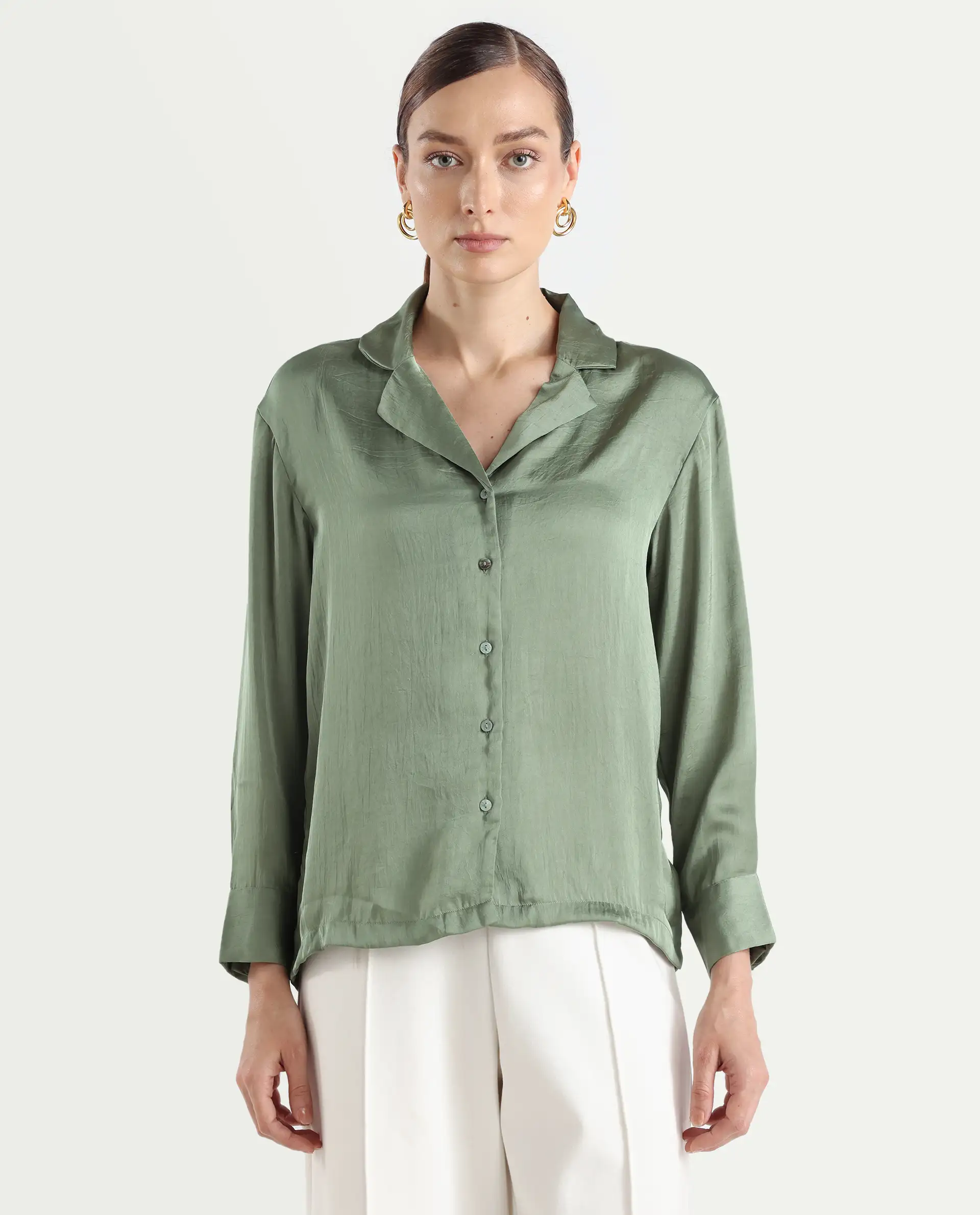 Rareism Women's Chant Light Green Lapel Neck Plain Cuffed Sleeve Regular Fit Top - Image 3