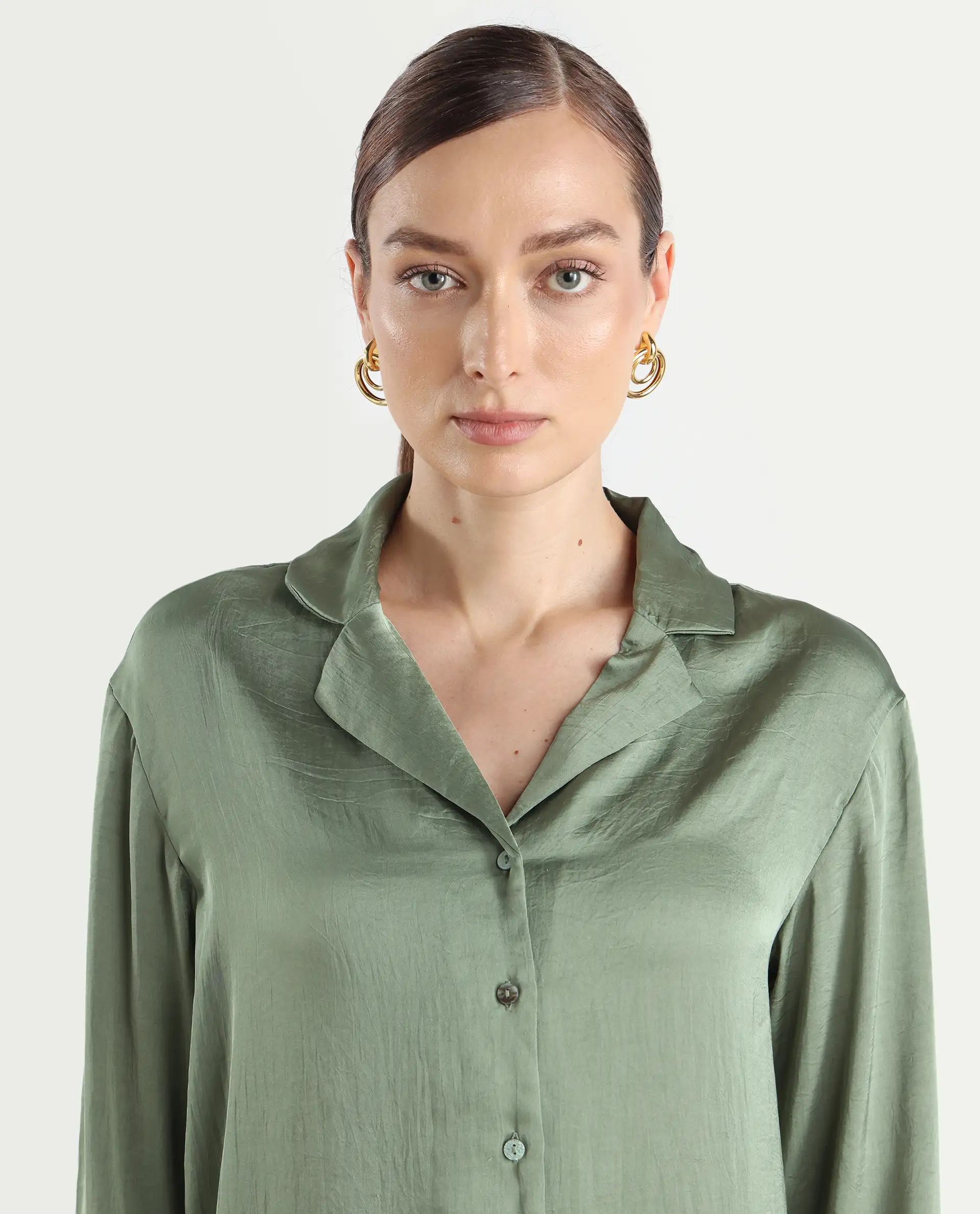 Rareism Women's Chant Light Green Lapel Neck Plain Cuffed Sleeve Regular Fit Top - Image 4