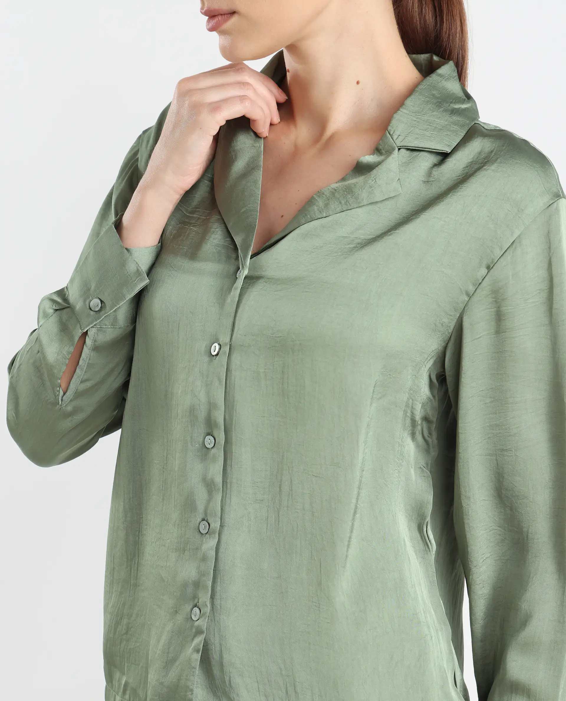 Rareism Women's Chant Light Green Lapel Neck Plain Cuffed Sleeve Regular Fit Top - Image 5