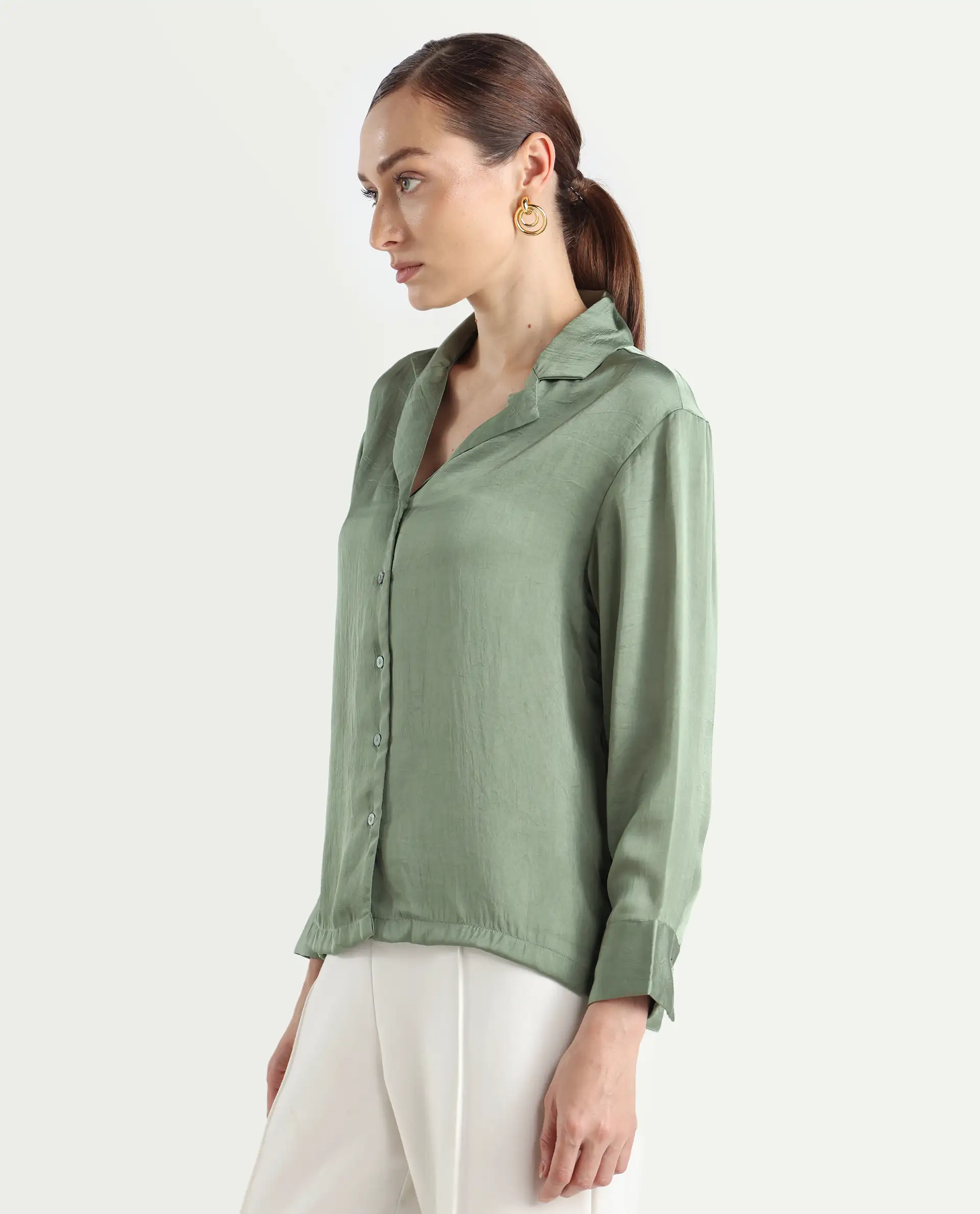 Rareism Women's Chant Light Green Lapel Neck Plain Cuffed Sleeve Regular Fit Top - Image 6