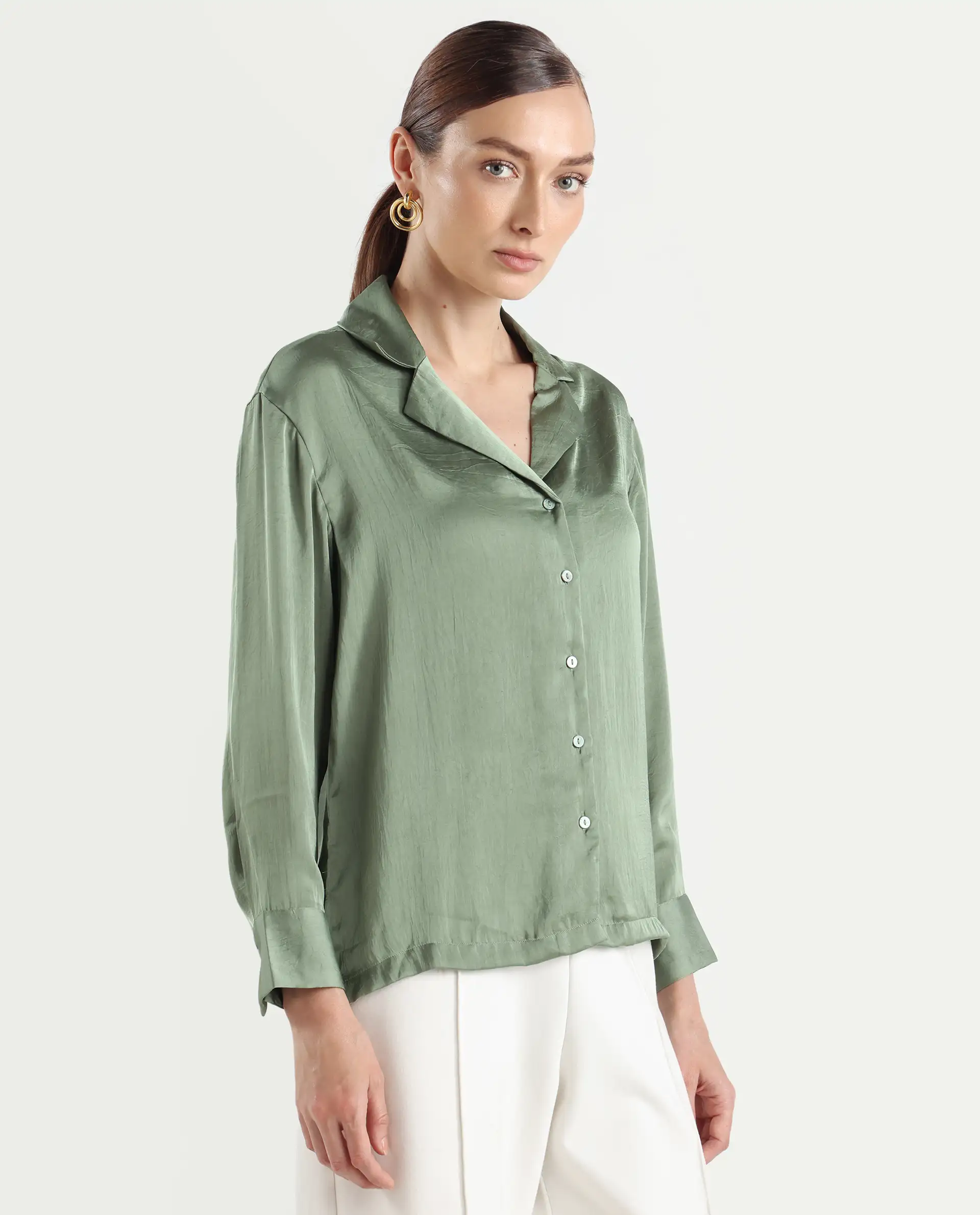 Rareism Women's Chant Light Green Lapel Neck Plain Cuffed Sleeve Regular Fit Top - Image 7