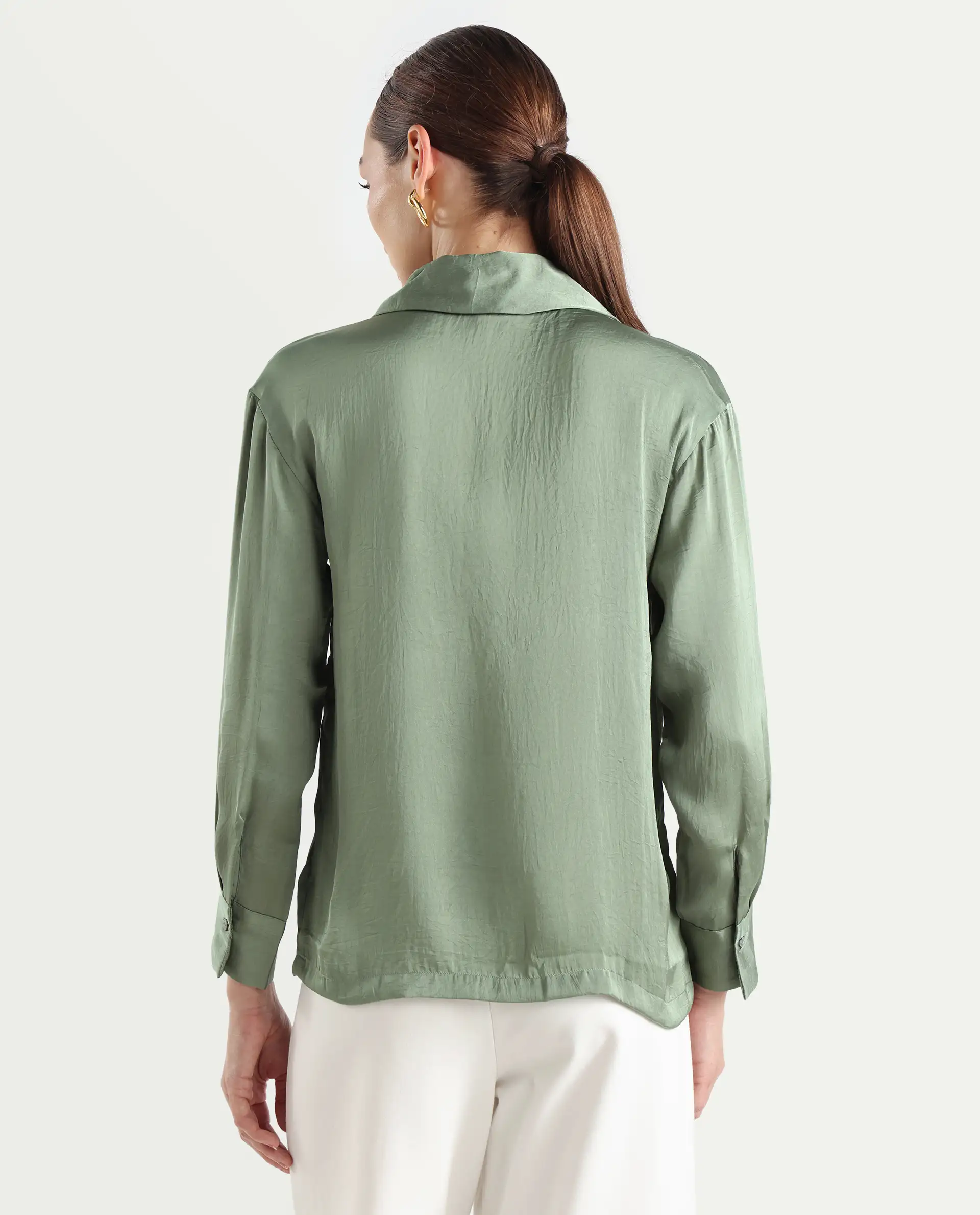 Rareism Women's Chant Light Green Lapel Neck Plain Cuffed Sleeve Regular Fit Top - Image 8