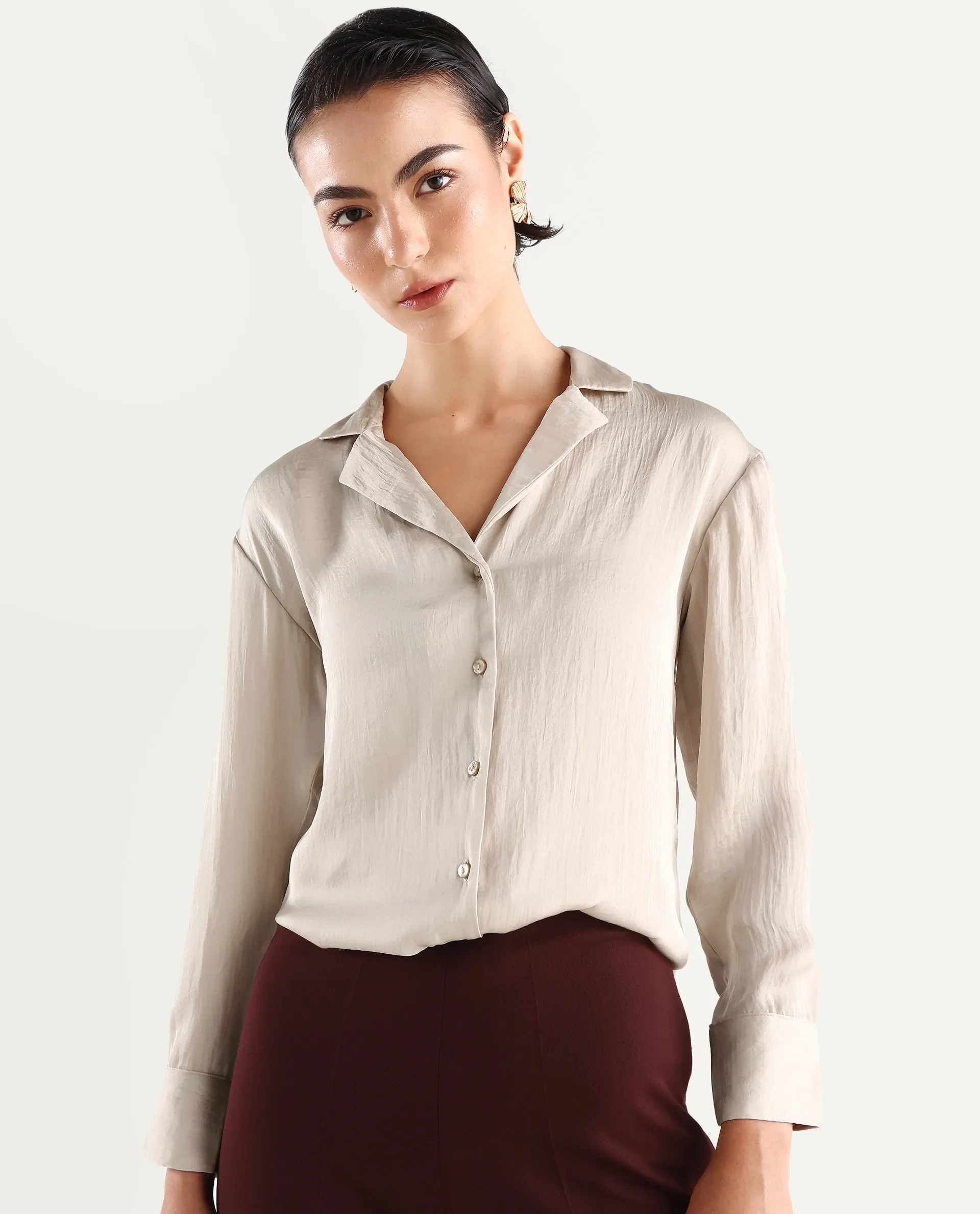 Rareism Women's Chant Beige Lapel Neck Plain Cuffed Sleeve Regular Fit Top - Image 2
