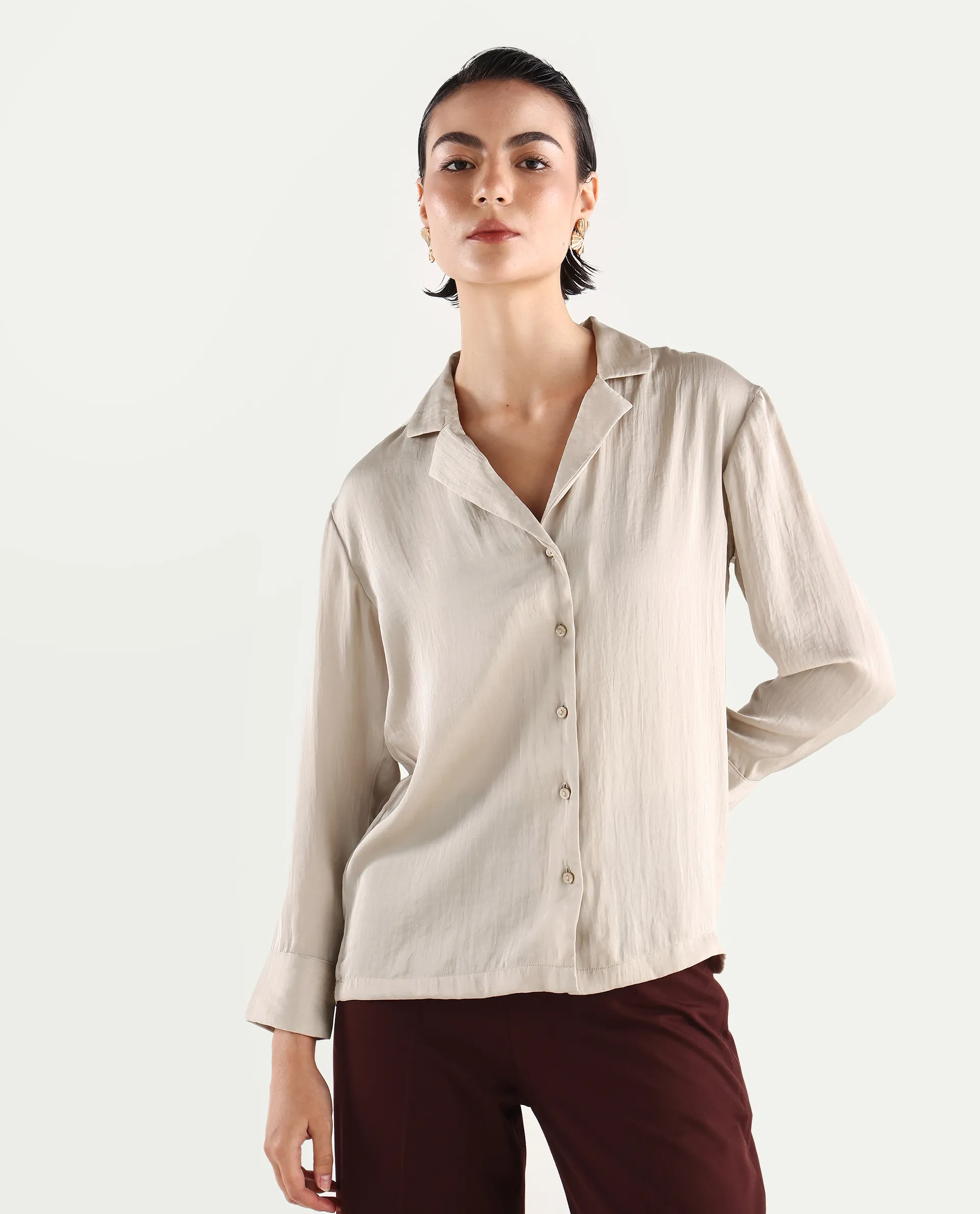 Rareism Women's Chant Beige Lapel Neck Plain Cuffed Sleeve Regular Fit Top - Image 3