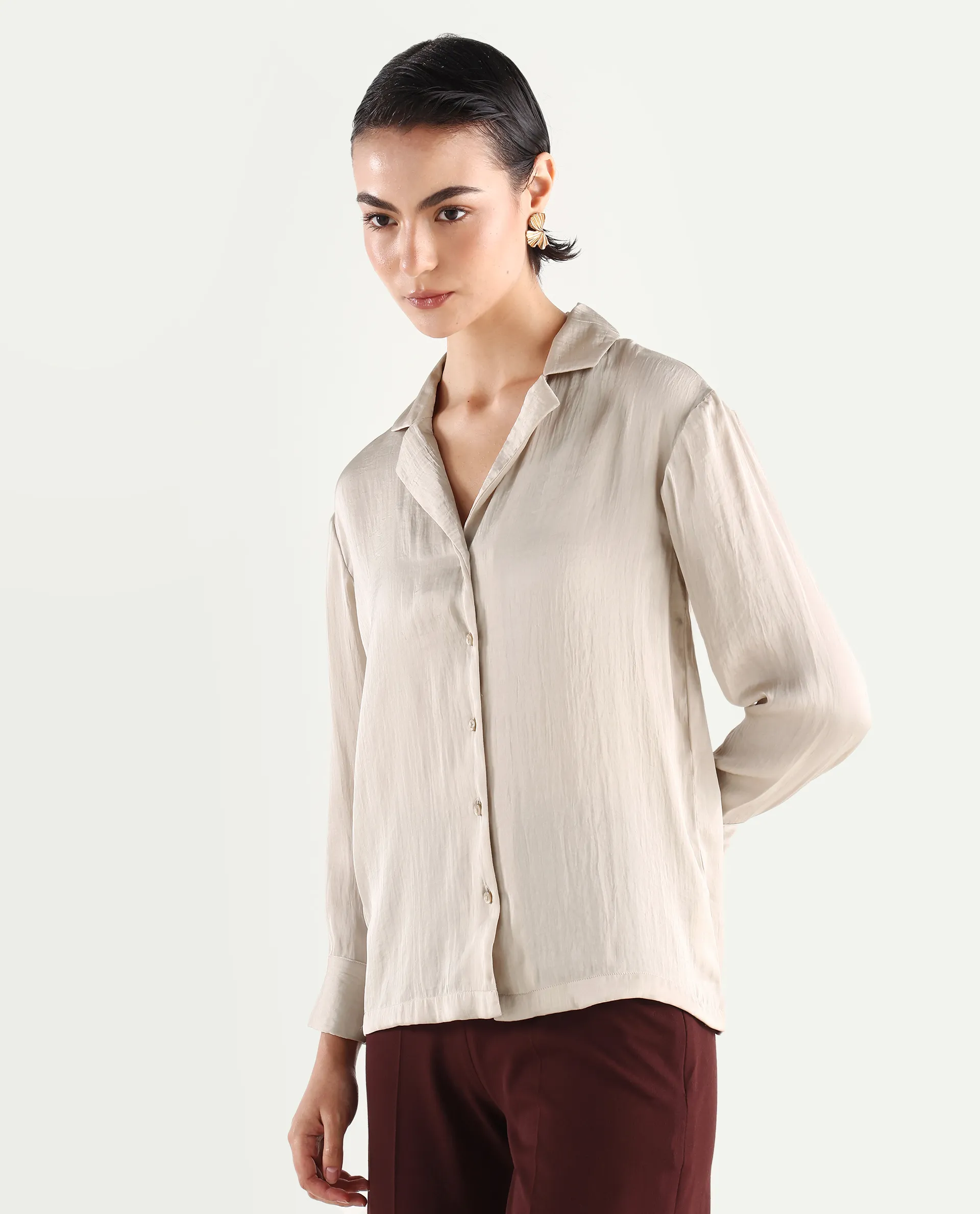 Rareism Women's Chant Beige Lapel Neck Plain Cuffed Sleeve Regular Fit Top - Image 5