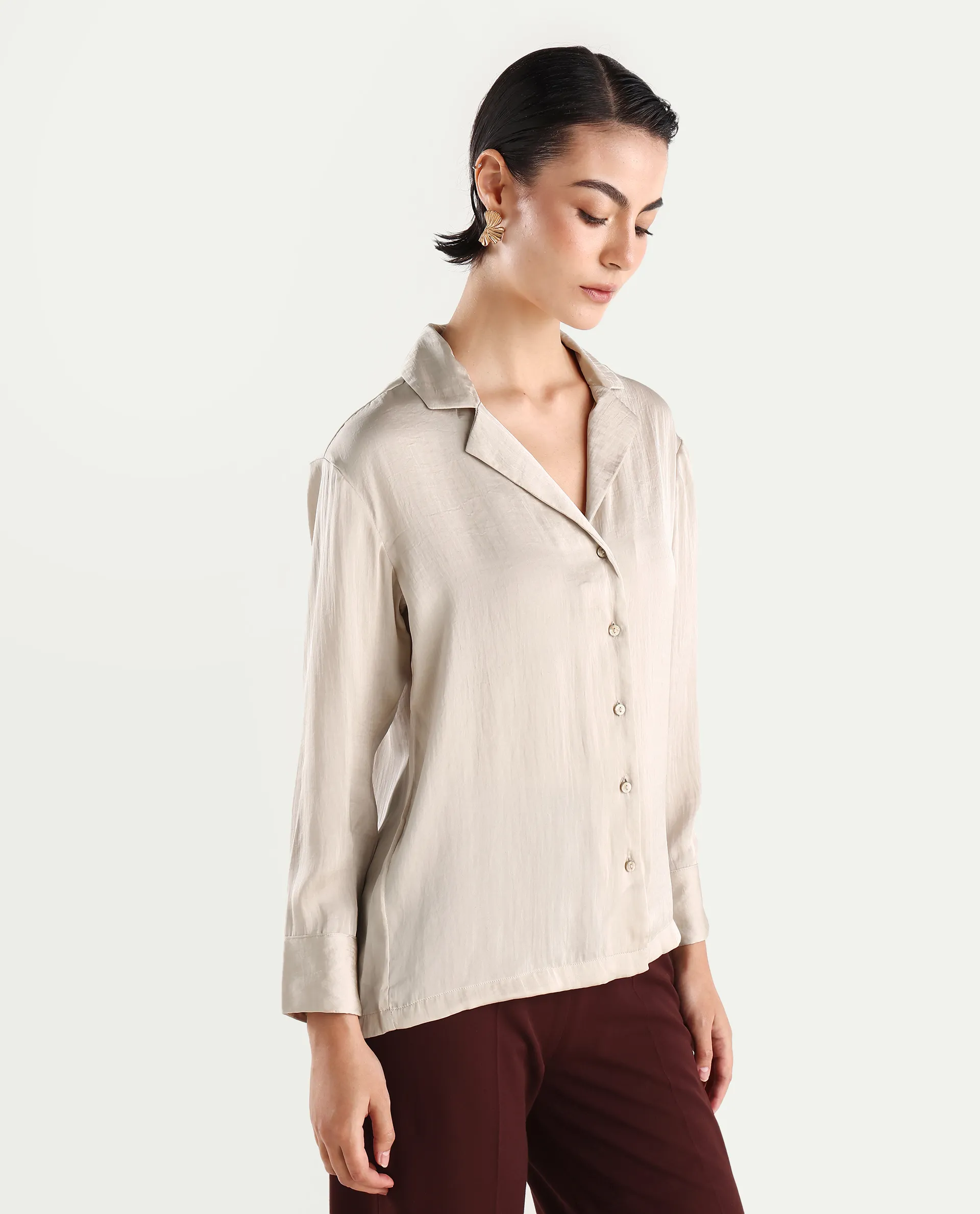 Rareism Women's Chant Beige Lapel Neck Plain Cuffed Sleeve Regular Fit Top - Image 6