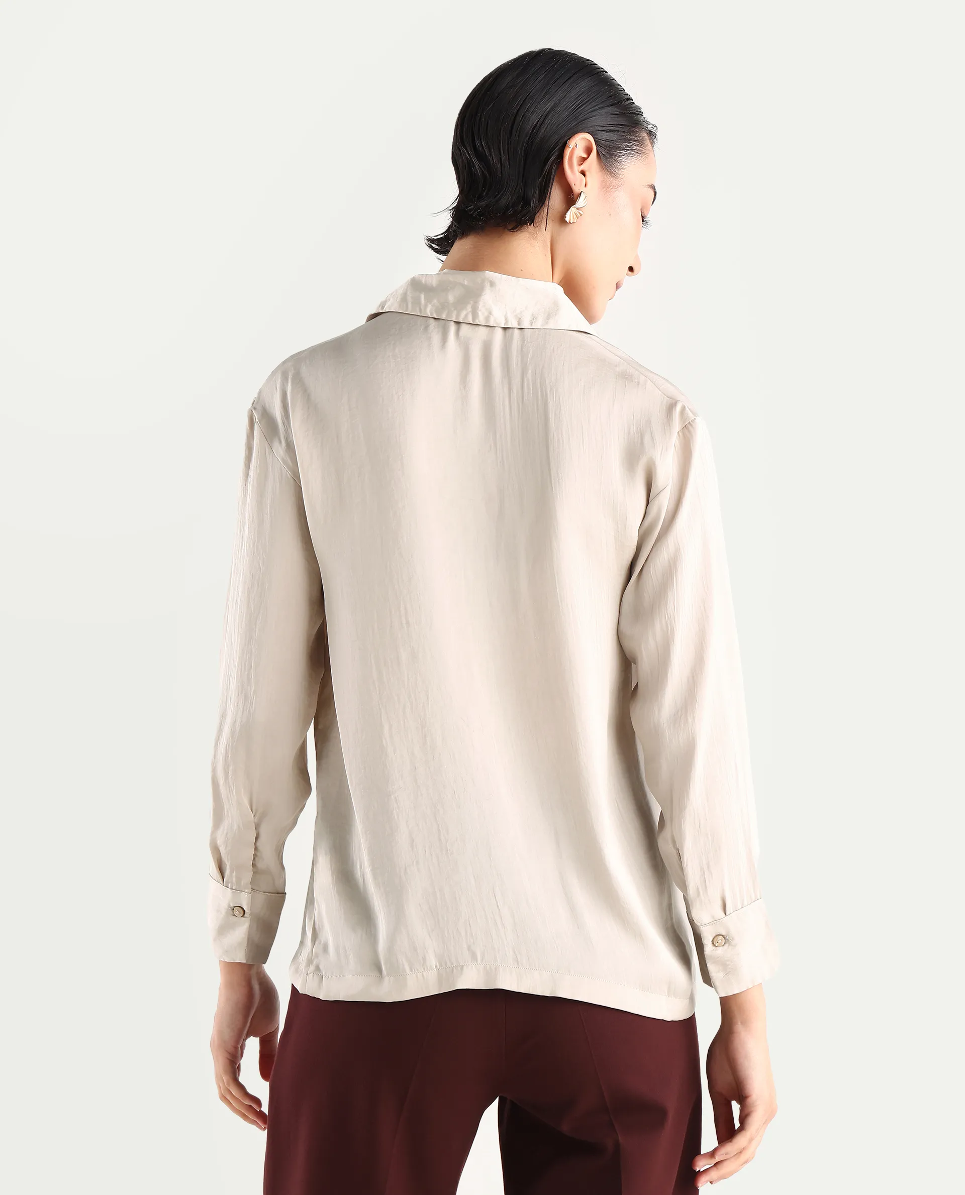 Rareism Women's Chant Beige Lapel Neck Plain Cuffed Sleeve Regular Fit Top - Image 7