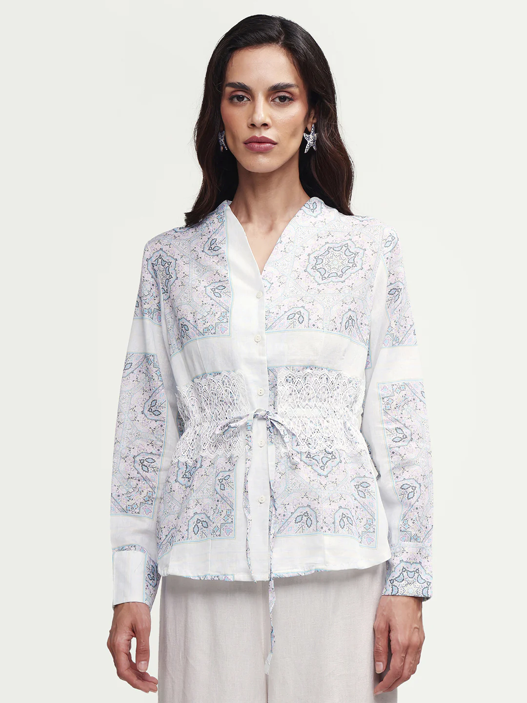 Rareism Women's Chanteo Light Multi Cotton Blend V-Neck Abstract Print Cuffed Sleeve Regular Fit Top - Image 3