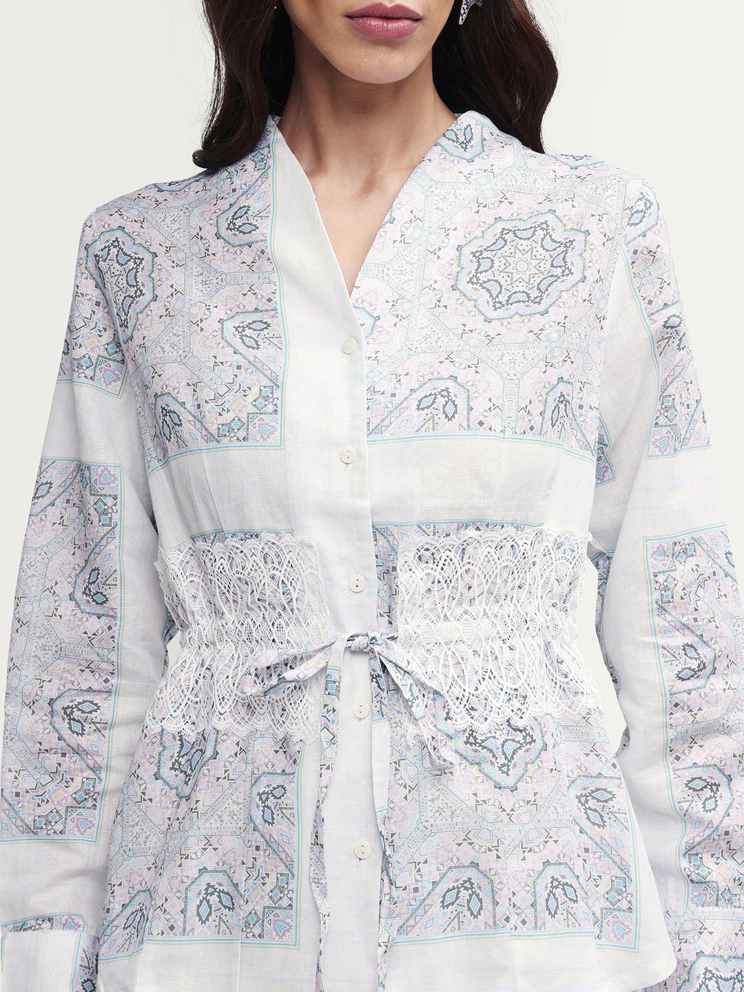 Rareism Women's Chanteo Light Multi Cotton Blend V-Neck Abstract Print Cuffed Sleeve Regular Fit Top - Image 4