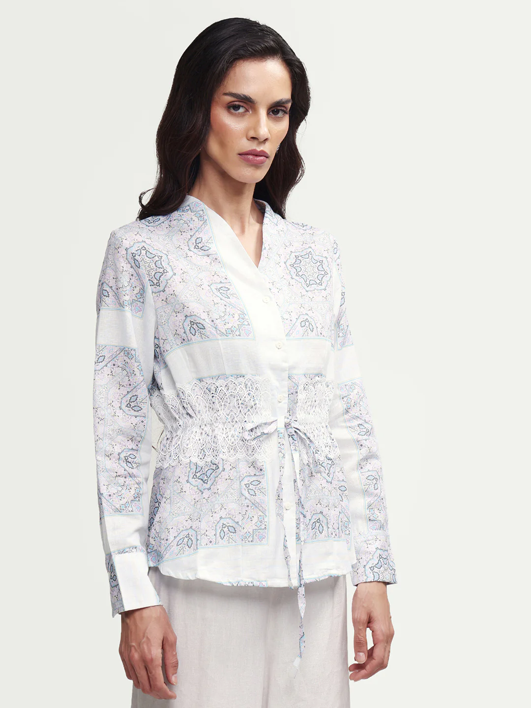 Rareism Women's Chanteo Light Multi Cotton Blend V-Neck Abstract Print Cuffed Sleeve Regular Fit Top - Image 5