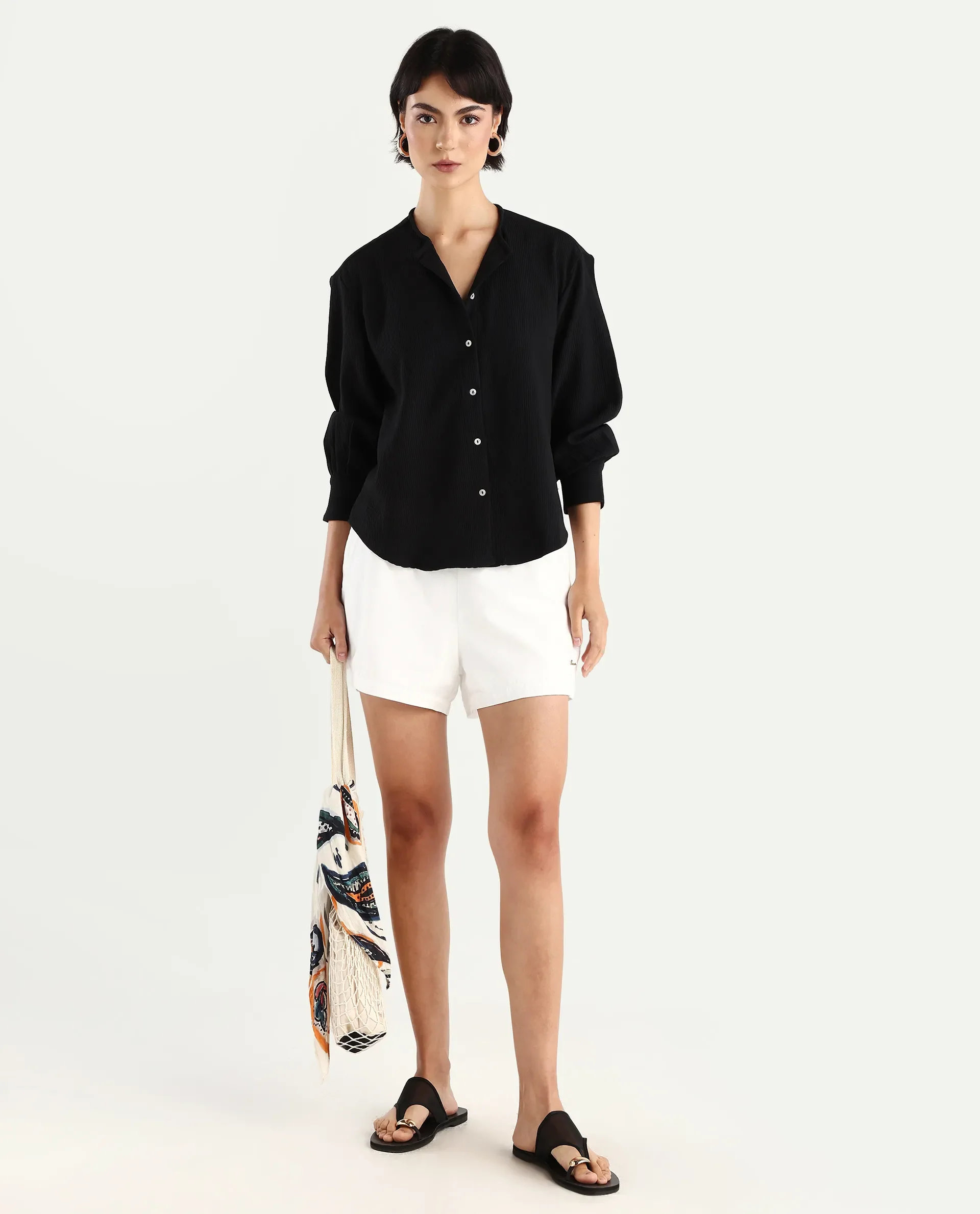 Rareism Women's Chantrey Black Cotton Crew Neck Plain Cuffed Sleeve Regular Fit Top - Image 2