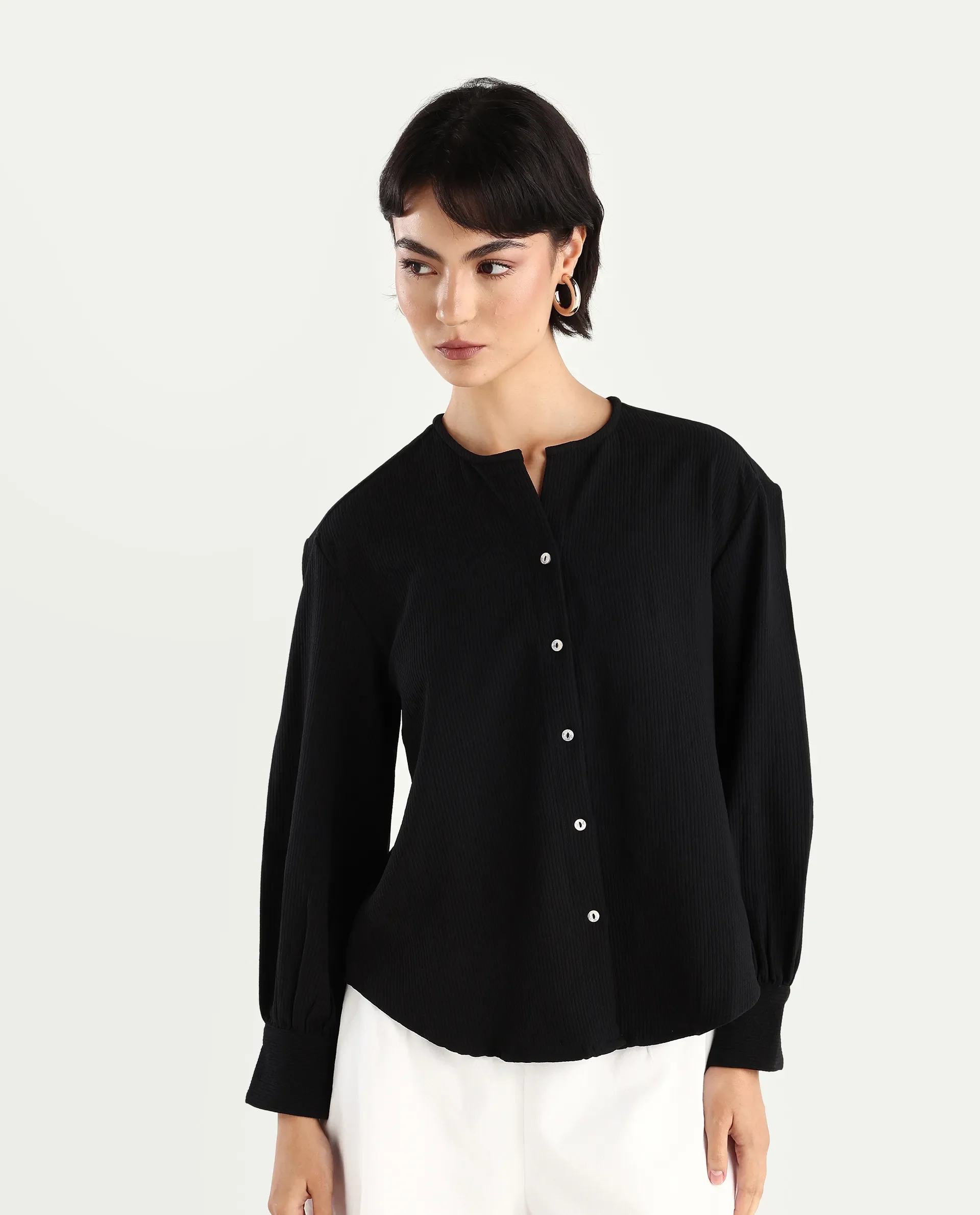 Rareism Women's Chantrey Black Cotton Crew Neck Plain Cuffed Sleeve Regular Fit Top - Image 3