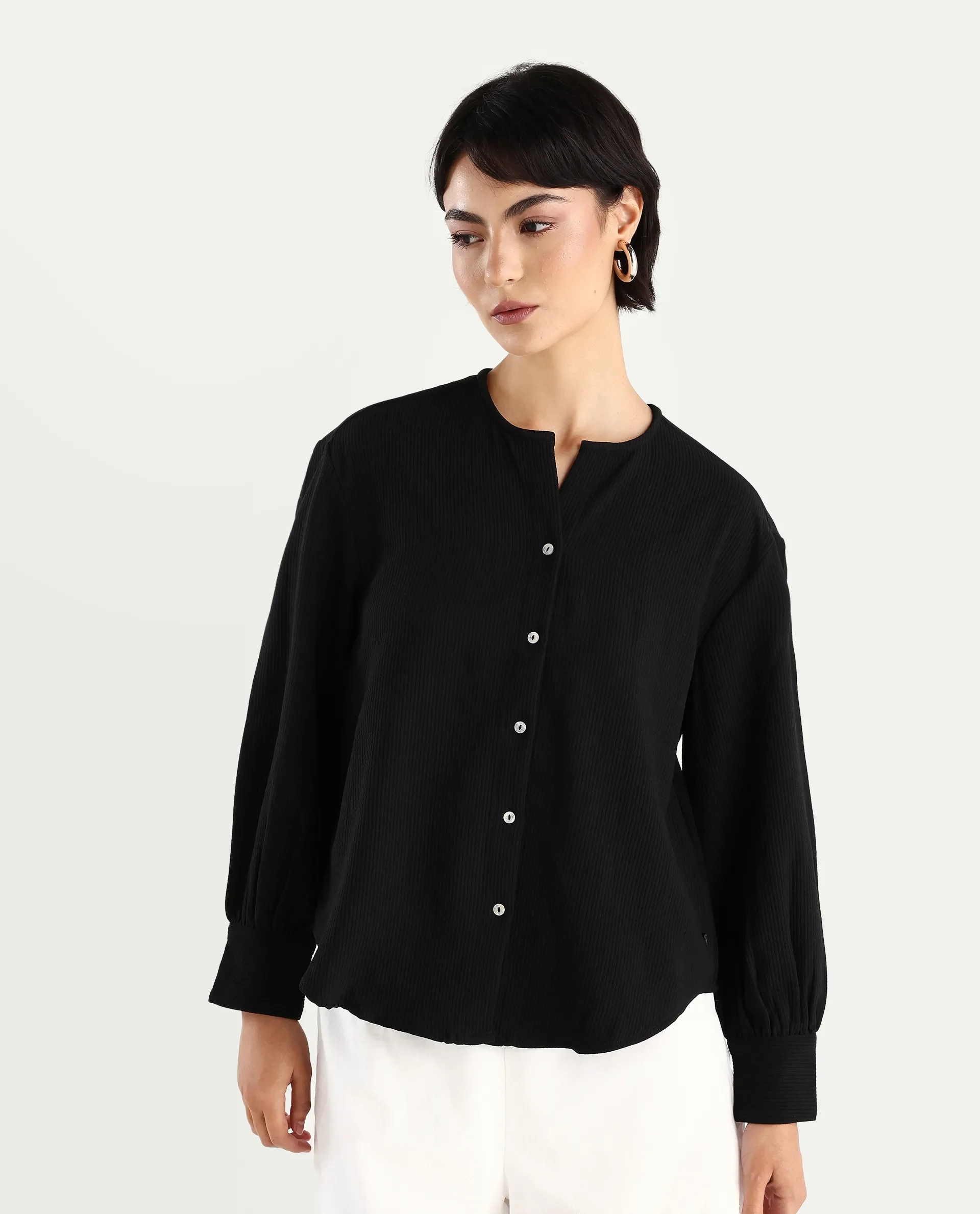 Rareism Women's Chantrey Black Cotton Crew Neck Plain Cuffed Sleeve Regular Fit Top - Image 5